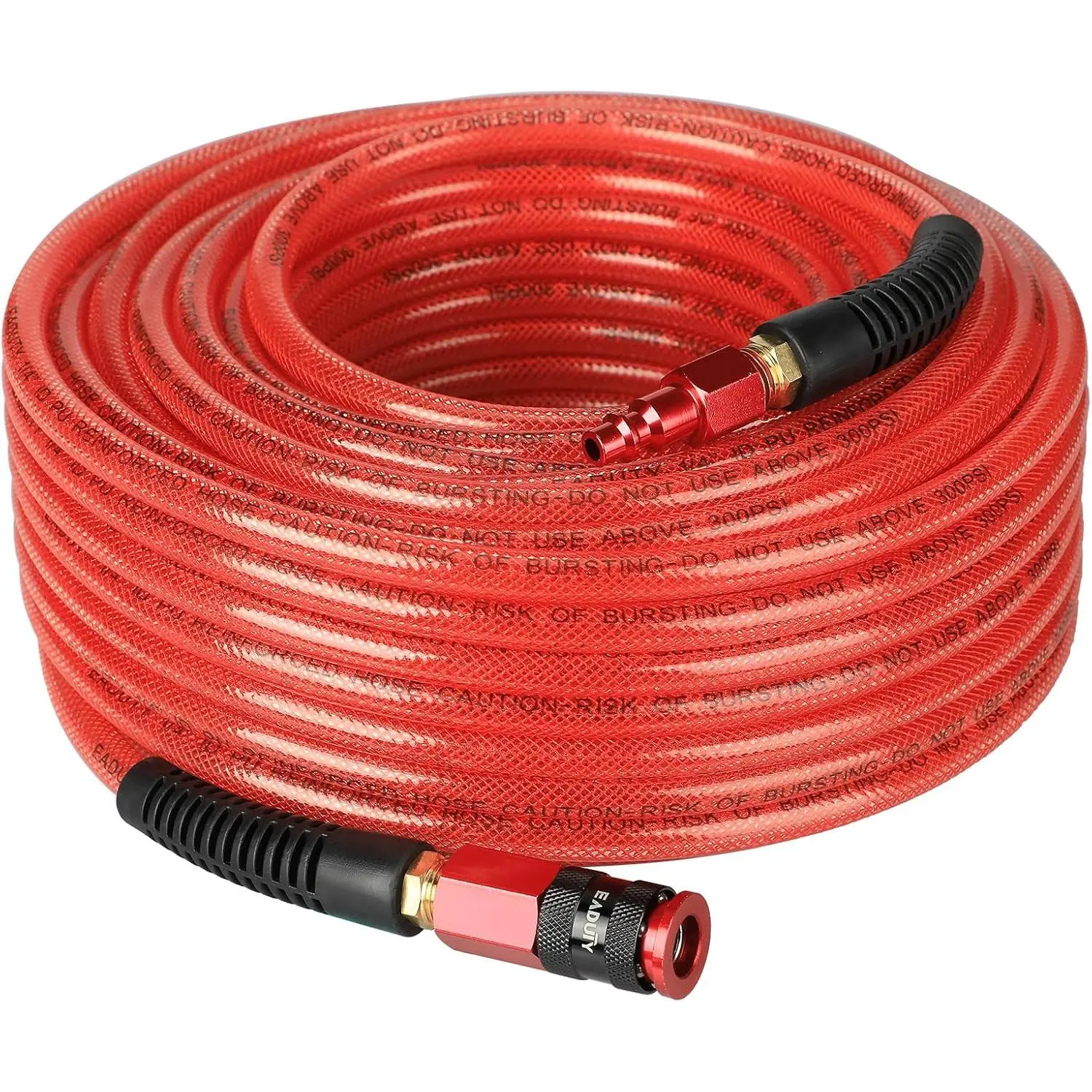 Heavy Duty Reinforced Polyurethane Air Hose (1/4 in x 100 ft) - Lightweight Flexible Tube for Compressors, with Universal Fit Quick Connect Fittings, Plug, Bend Restrictors, Red