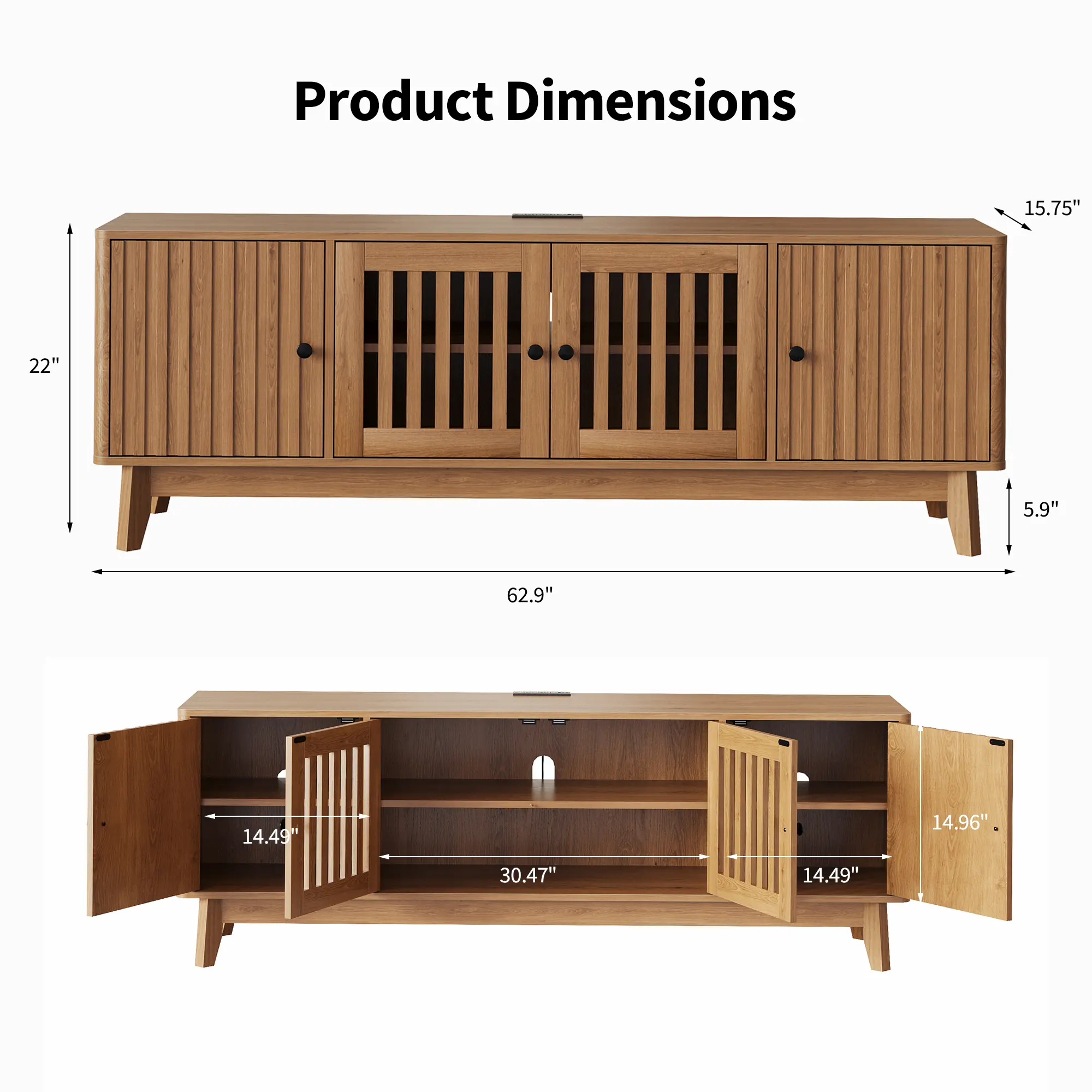 Garvee Modern 63" Black TV Stand for 65-75 Inch TVs - 4 Fluted Slatted Doors - Large Storage Cabinet - Cable Management - Media Console Table for Living Room & Bedroom