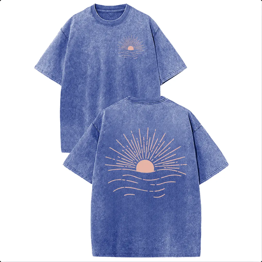 Retro Coastal Sunrise & Sunset Ocean Double-Sided Line Art Print Washed Tee, Vintage Minimalist Style Loose Casual Short Sleeve T-Shirt |   2026 New Color, summervibes, Deals For You Days