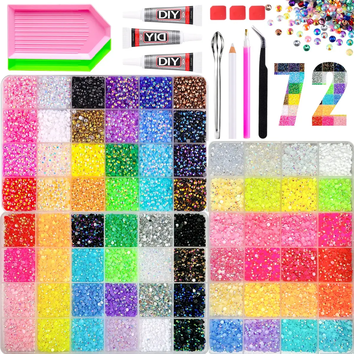 Vibrant Shimmering 72-Color Jelly Rhinestones Kit, Bedazzling Gems Set with Tool Kit, Easy for Beginners, for DIY Crafts and Decorating, Gift for Her, Graduation Gift