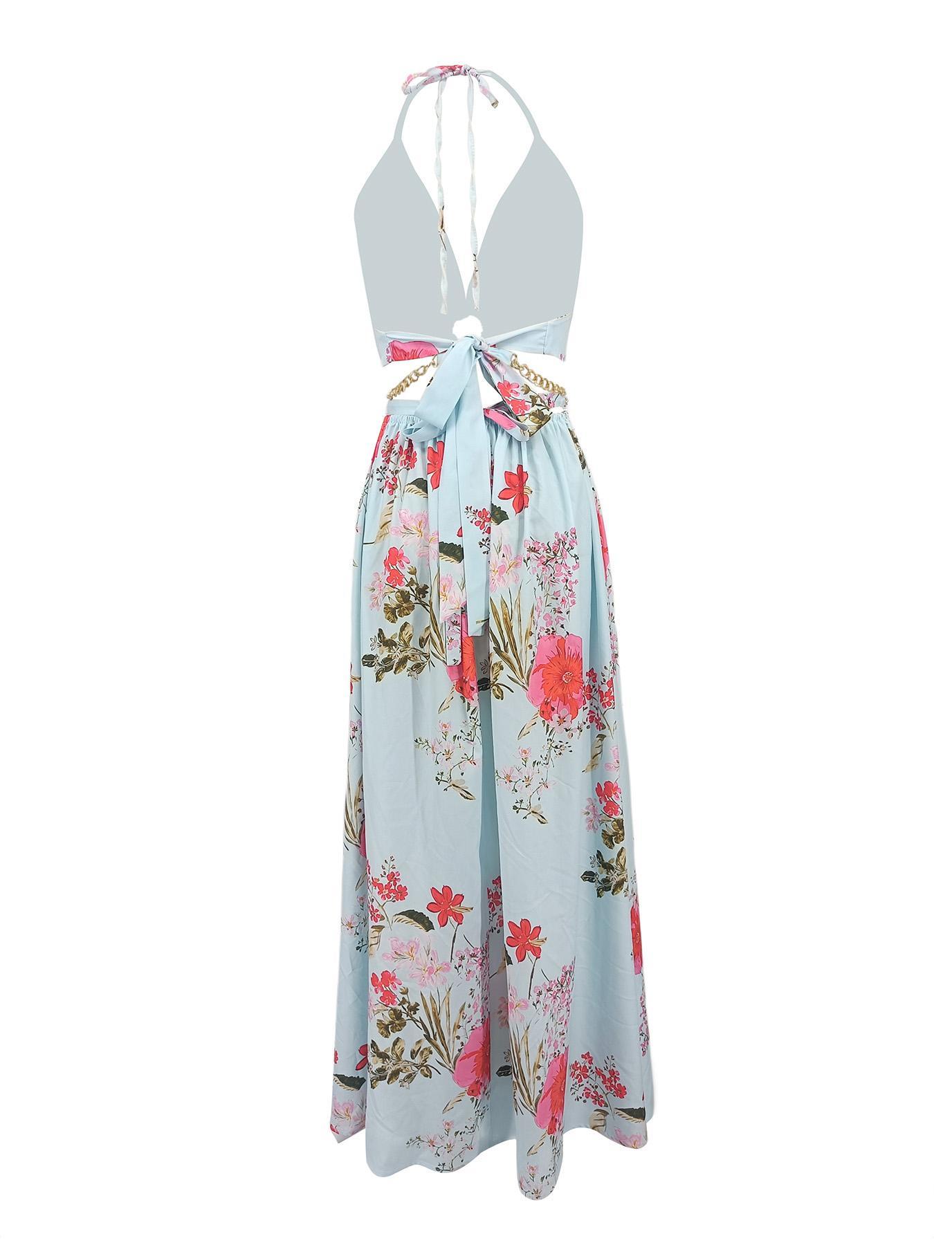 Summer Floral Print Deep V Halter Tie Split Maxi Dress Casual Wear