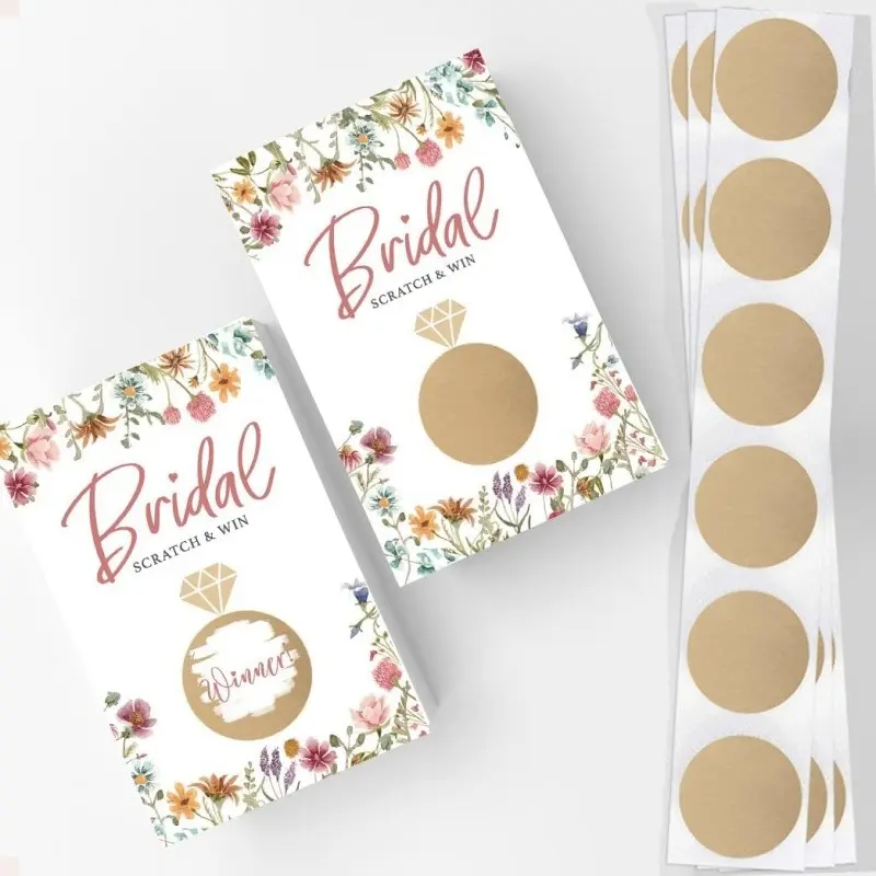 24 Fun Wedding Shower Game Cards and Stickers, Wildflower Design, Scratch-Off Prize Cards, Perfect for Bridal Parties and Gift Events
