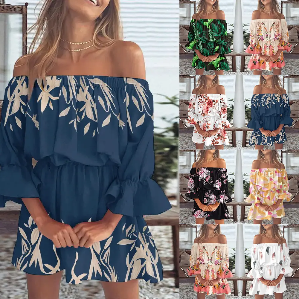 Women's Sexy Off Shoulder Floral Print Maxi Dress, 2026 New European American Fashion Slim Bodycon Long Dress Summer Beach Party Club Outfits