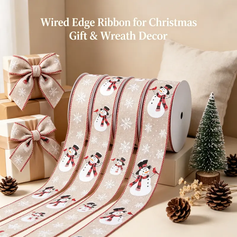 Farmhouse Christmas Wired Ribbon, 2.5in x 10Y Snowman Cardinal Design for Xmas Tree, Wreath Making, Decor, Snowflake Ornaments, Bouquet, Gift Burlap Craft Supplies