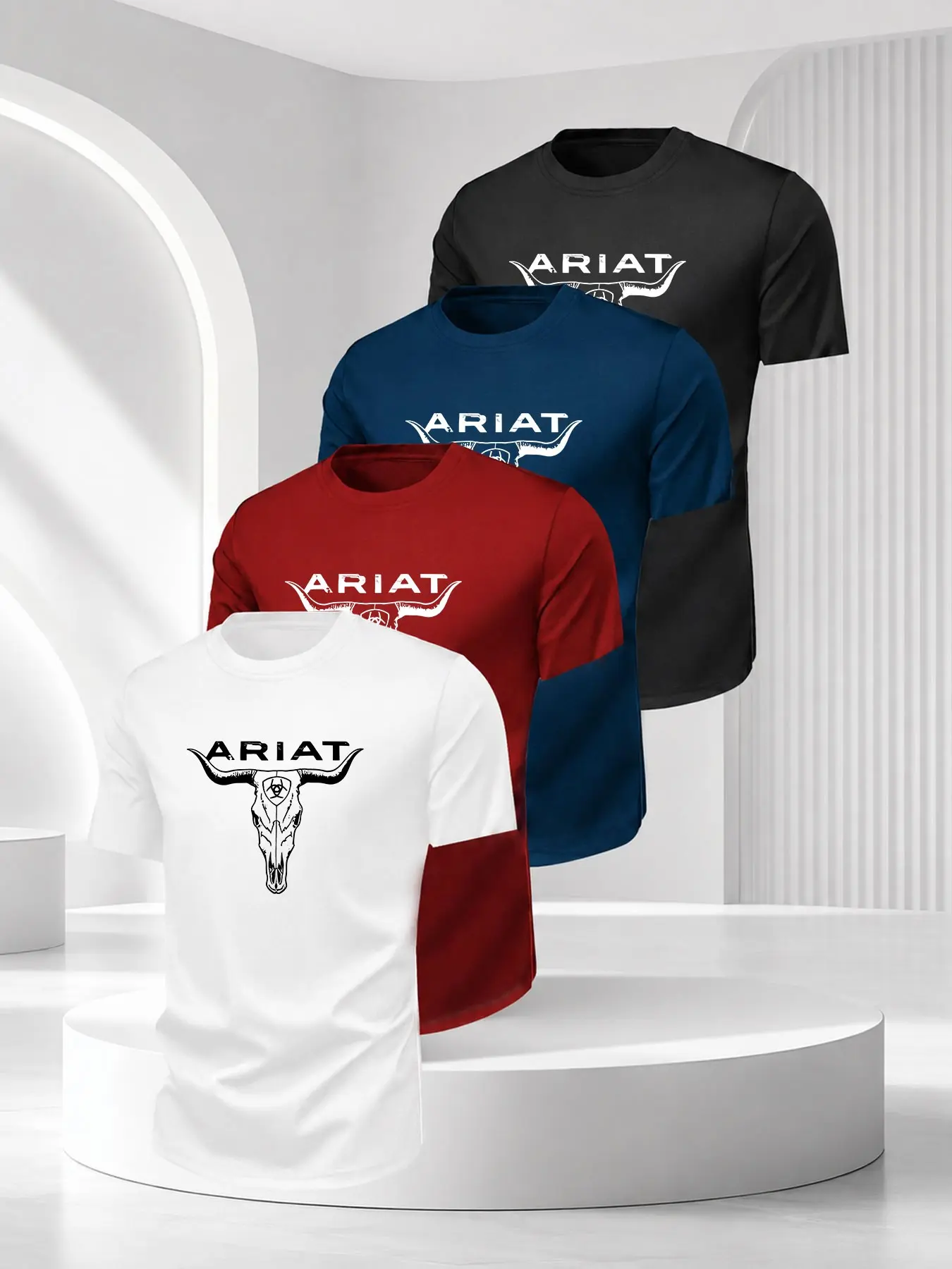 4-Pack Men's Casual Round Neck T-Shirts, Travel Cycling Outdoor Wear, Unique Long Horn Bone Pattern, Soft Durable Fabric, Loose Fit All Seasons Unisex