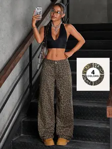 Women's Leopard Print High Waist Wide Leg Jeans, Washed Denim with Elastic Waist, All Season Chic Casual Office Wear, Loose Fit Baggy Long Pants, Bottom