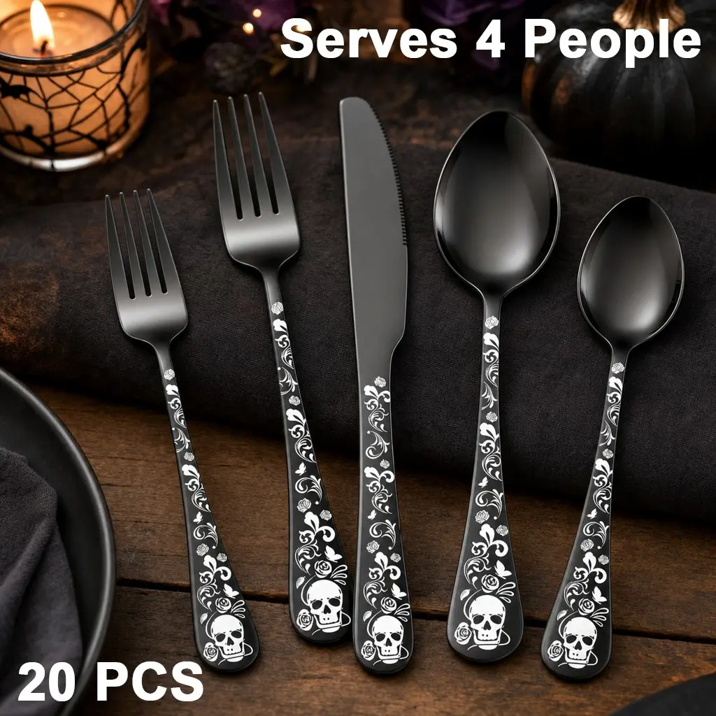 20 PCS Black Skull Flatware Set, Halloween Skull Flatware Set, Service for 4 Stainless Steel Gothic Silverware Set with Rose Skull Engraved Pattern, Halloween Themed Cutlery Dinnerware Set for Home Kitchen Party, Unique Tableware Gift, Utensils Set