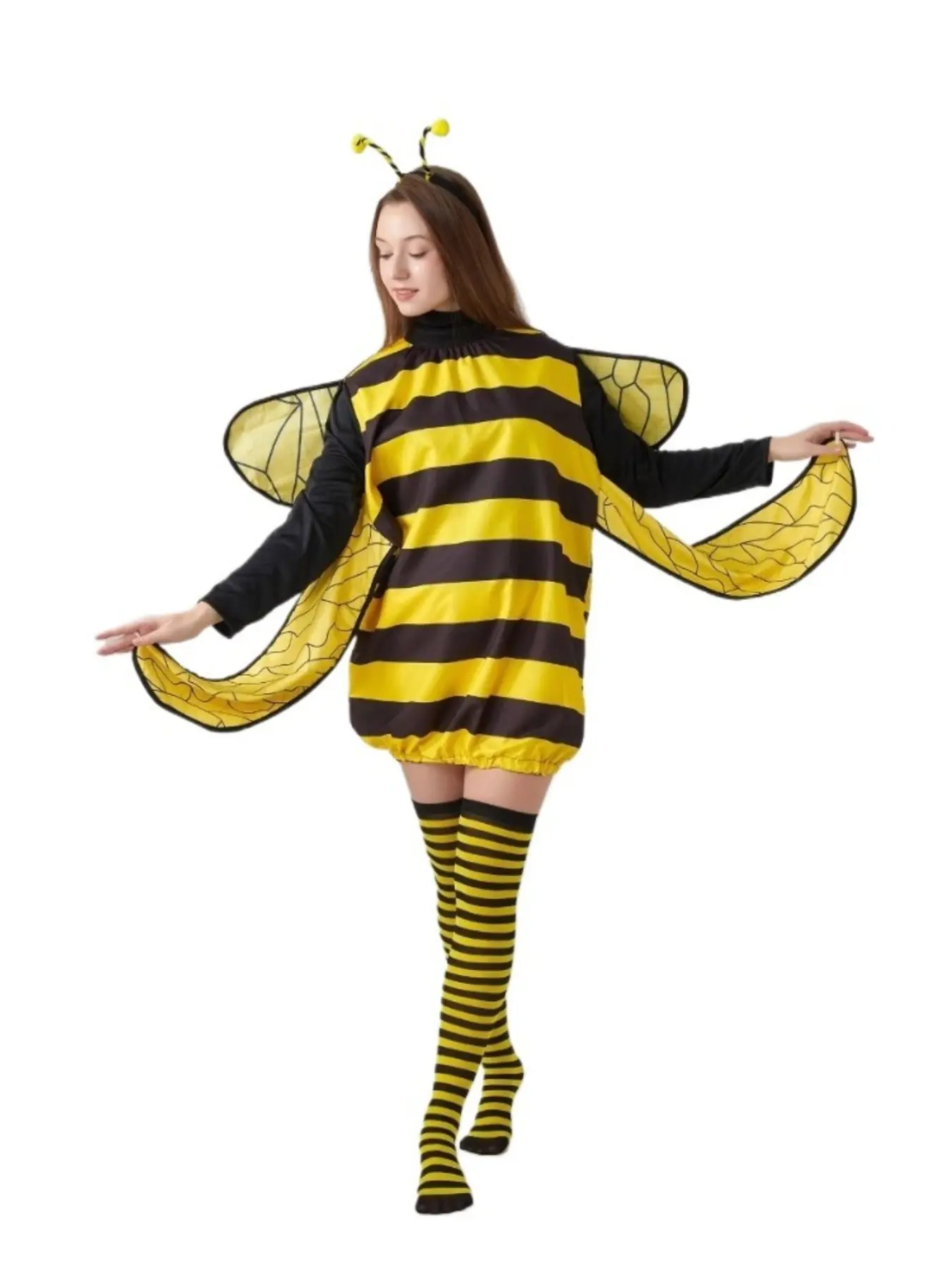 Halloween Party Cosplay Dress Up Adult Bee Costume With Yellow Striped Socks Matching Headband