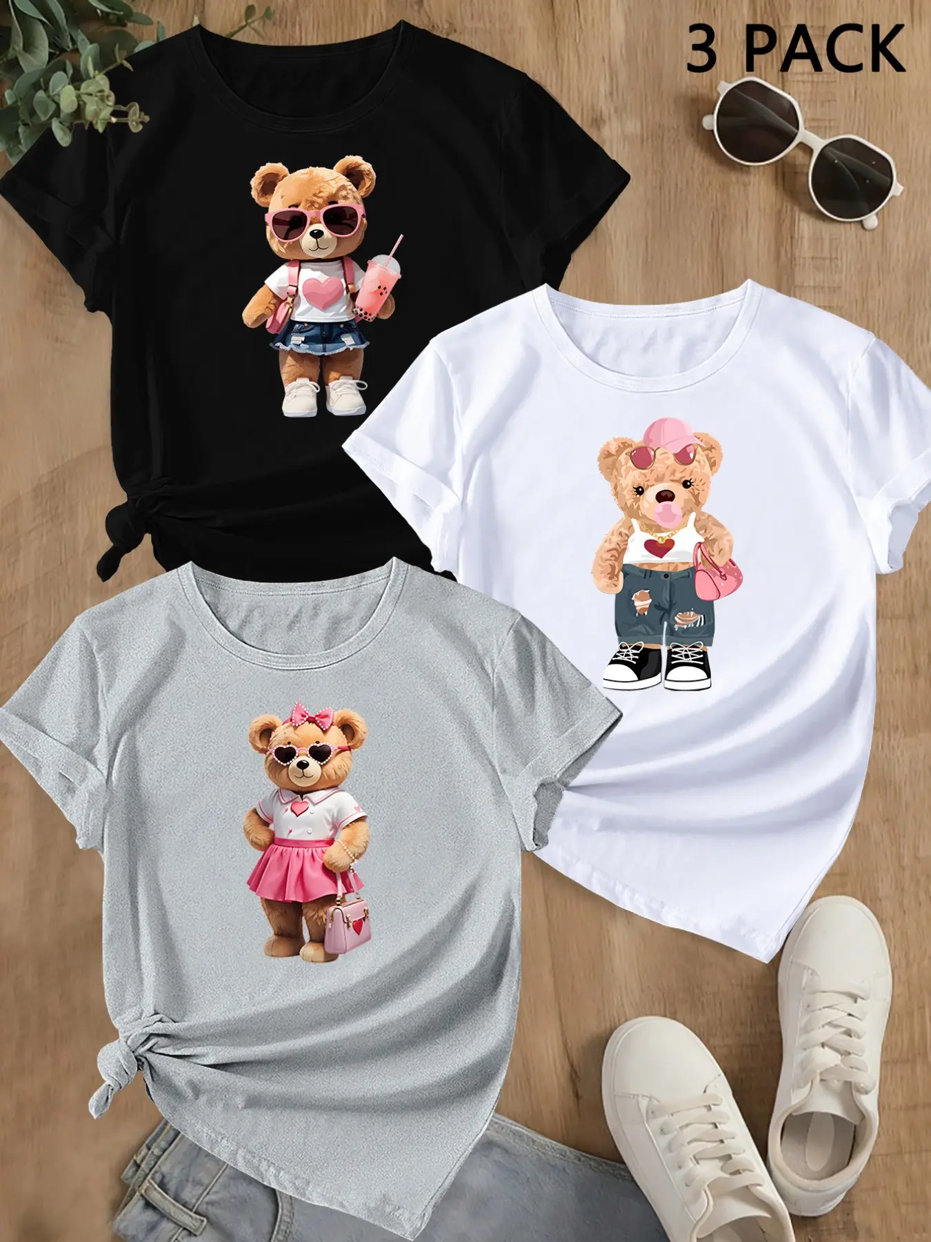 Summer Trendy Short Sleeve T-Shirt, Bear Print Sporty Style, Women's Casual Loose-Fit Round Neck Tee, Comfortable for Outdoor Activities