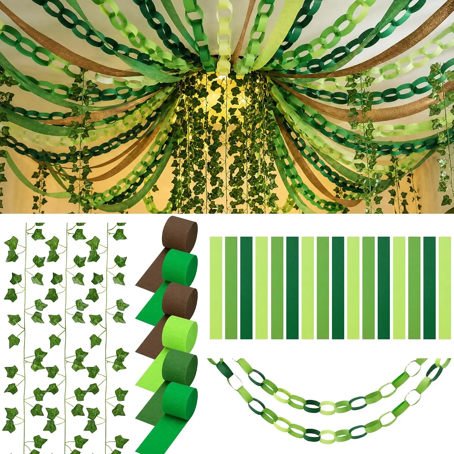 500 Sheets Green Paper Chain Strips Garland, 492ft Jungle Crepe Paper Streamers and 82ft Fake Ivy Vines for Holiday Birthday Back to School Rainforest Party Classroom Backdrop Decorations