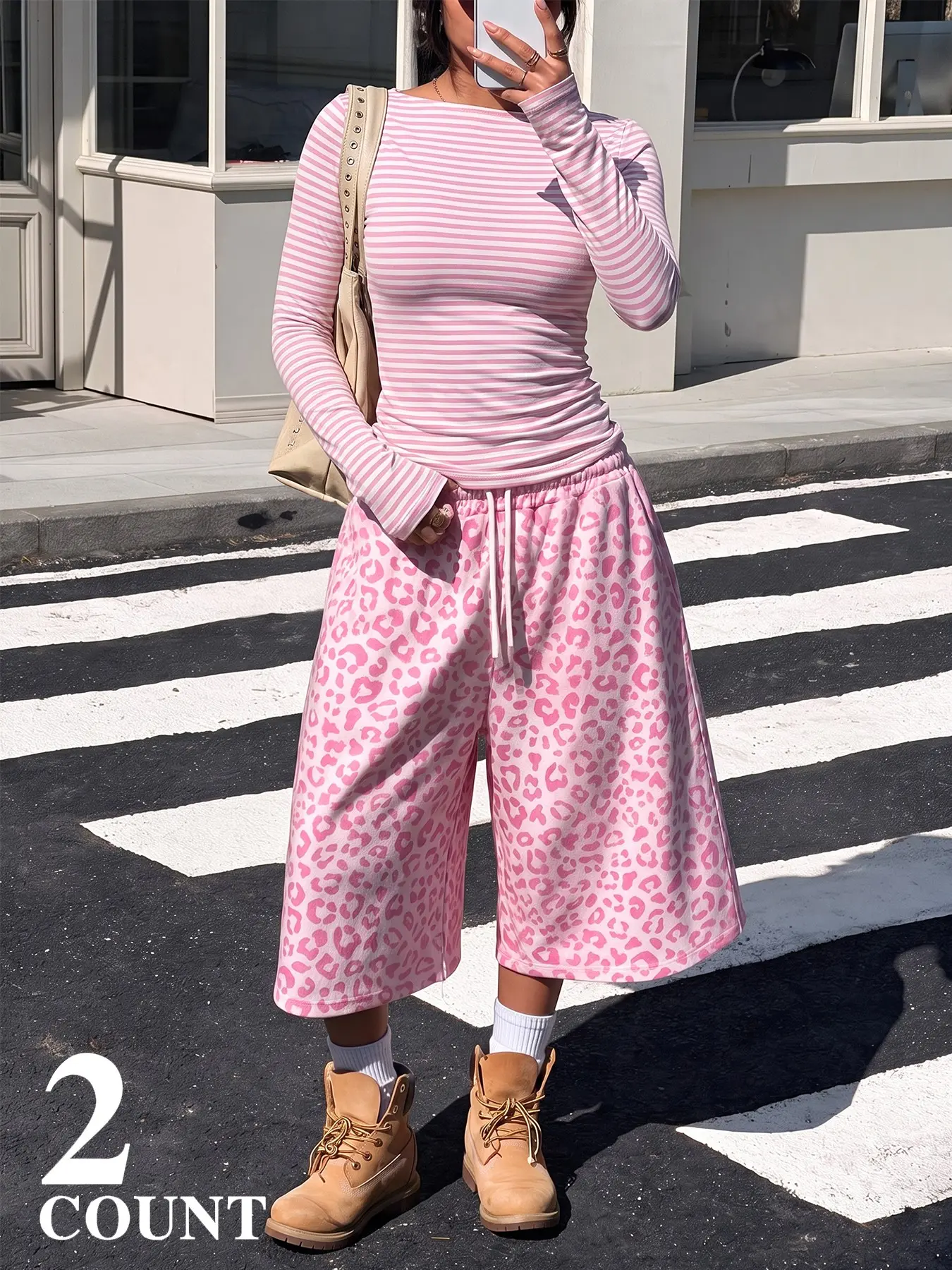 2‑Piece Outfit, Women's Slim‑Fit Striped Long‑Sleeve Top + Loose Leopard‑Print Cropped Pants, Ins‑Style Casual Travel Daily Tracksuit
