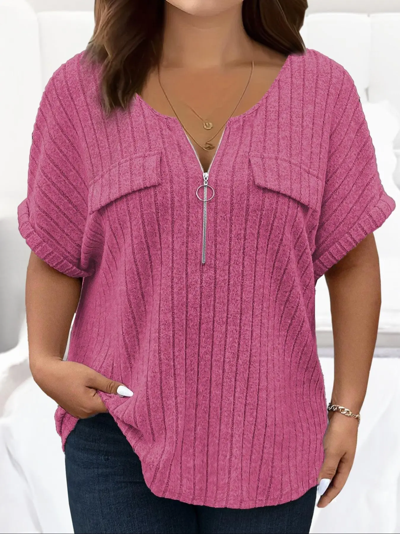 [Plus Size] Solid Half Zipper Pocket Ribbed Fitted Basic Tee, Casual Trendy Shirt, Casual Half Sleeve T-shirt for Spring, Women's Clothing for Daily Wear, Top, Blouses Shirts Tops