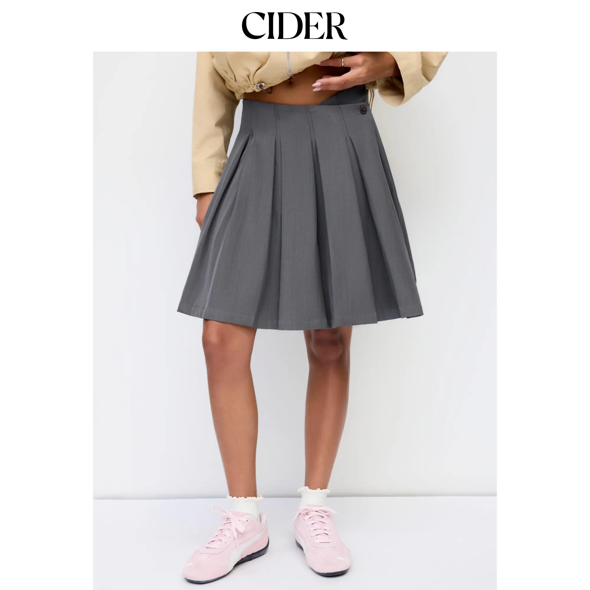 Cider Mid Rise Pleated Asymmetrical Hem Midi Skirt