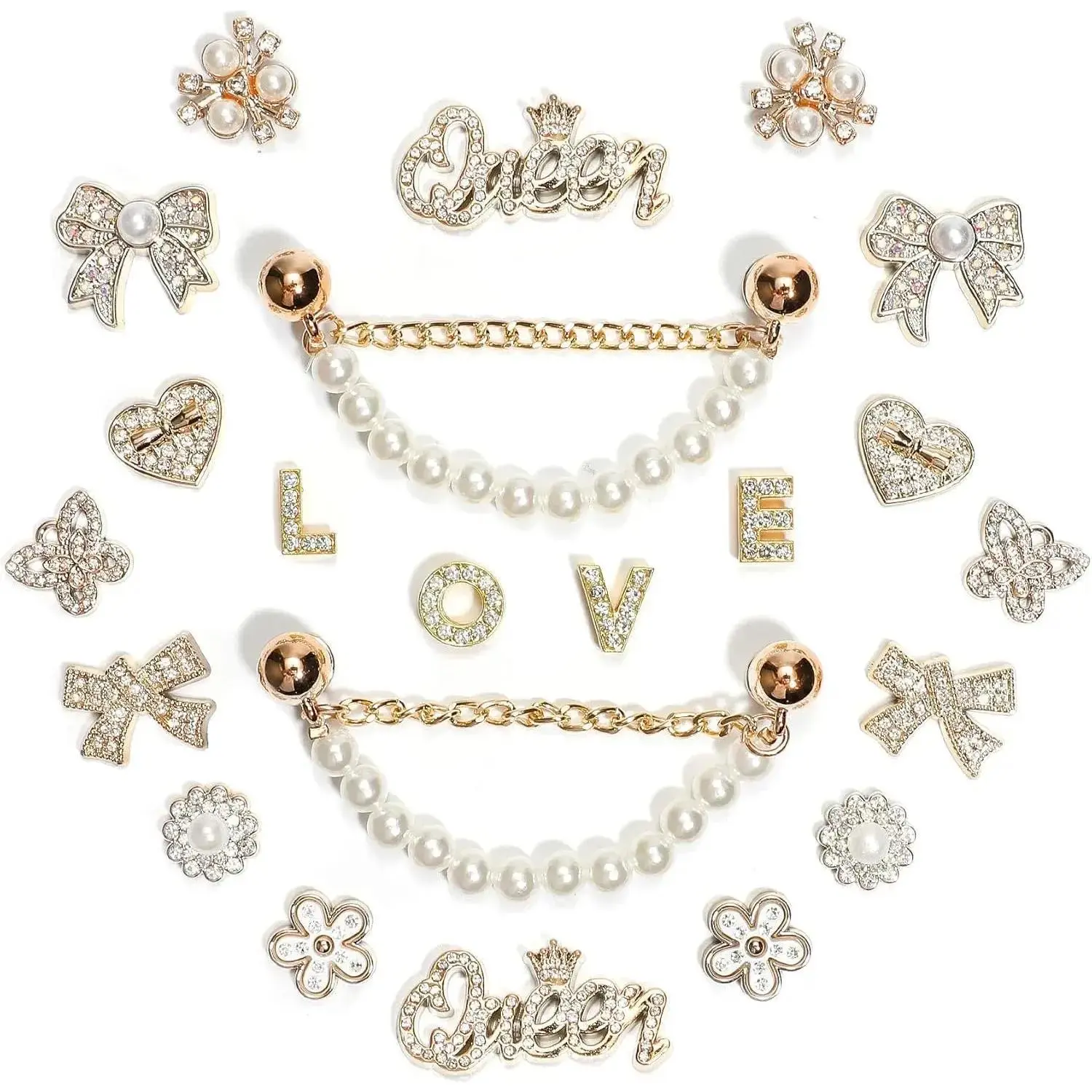 SOGLLQAM Sparkling Rhinestones and Pearls Shoe Charms Set with Elegant Shoe Chains, Love Queen Letter Charms for DIY Women's Clog Sandals Decorations | Trendy Shoe Accessories for Party and Special Occasion Gifts Footwear
