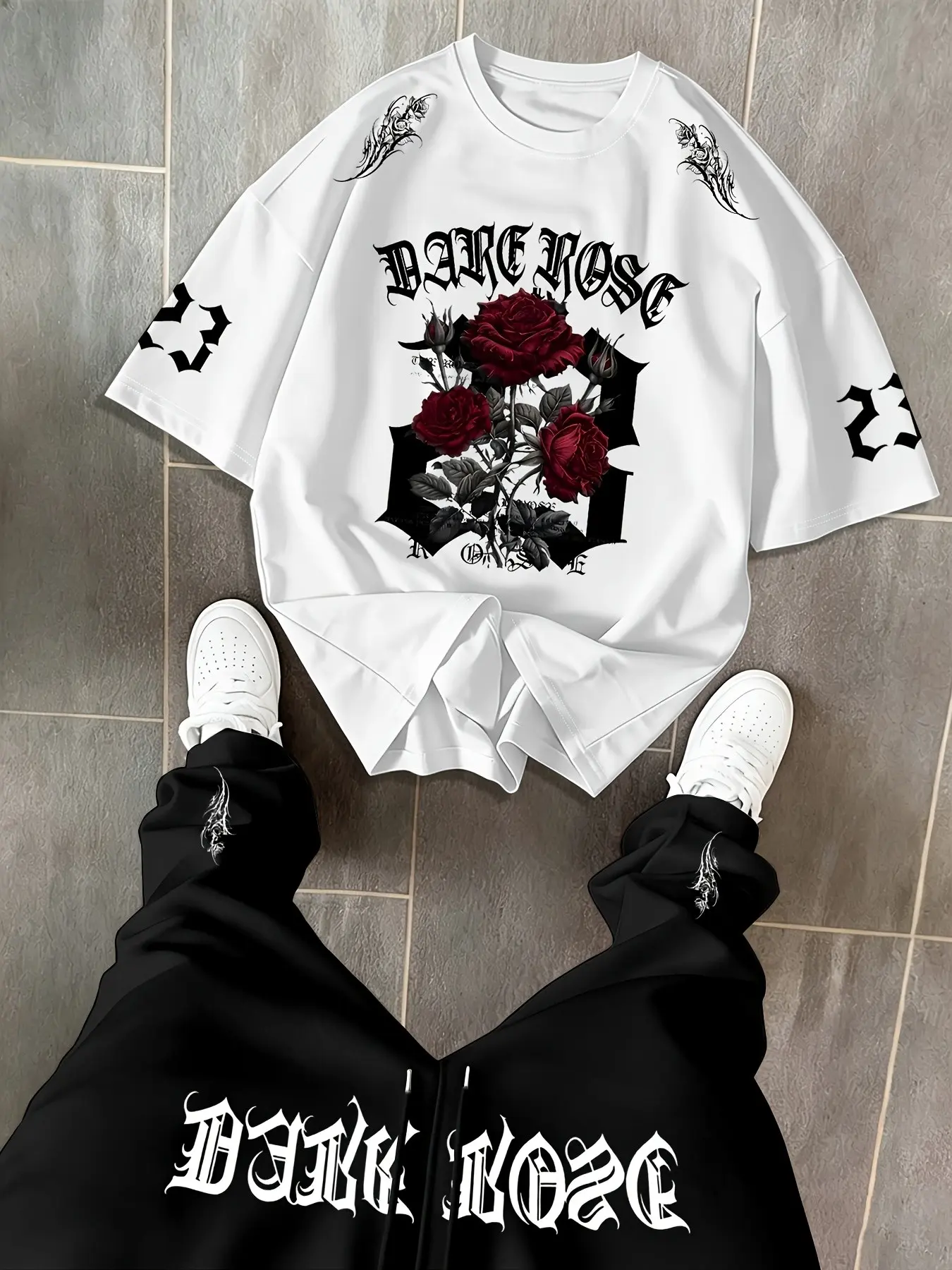 2 Piece Dark Rose Streetwear Set Oversized Gothic Graphic T-Shirt + Baggy Pants Unisex Y2K Grunge Outfit for Men Women Casual Daily Streetwear