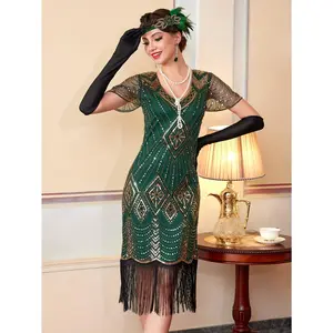1920 Vintage Sequin Gatsby Ball Fringe Short Sleeve Dress, Party Banquet Dance Dress with Beading, In Stock, Dress Only (No Gloves or Accessories)