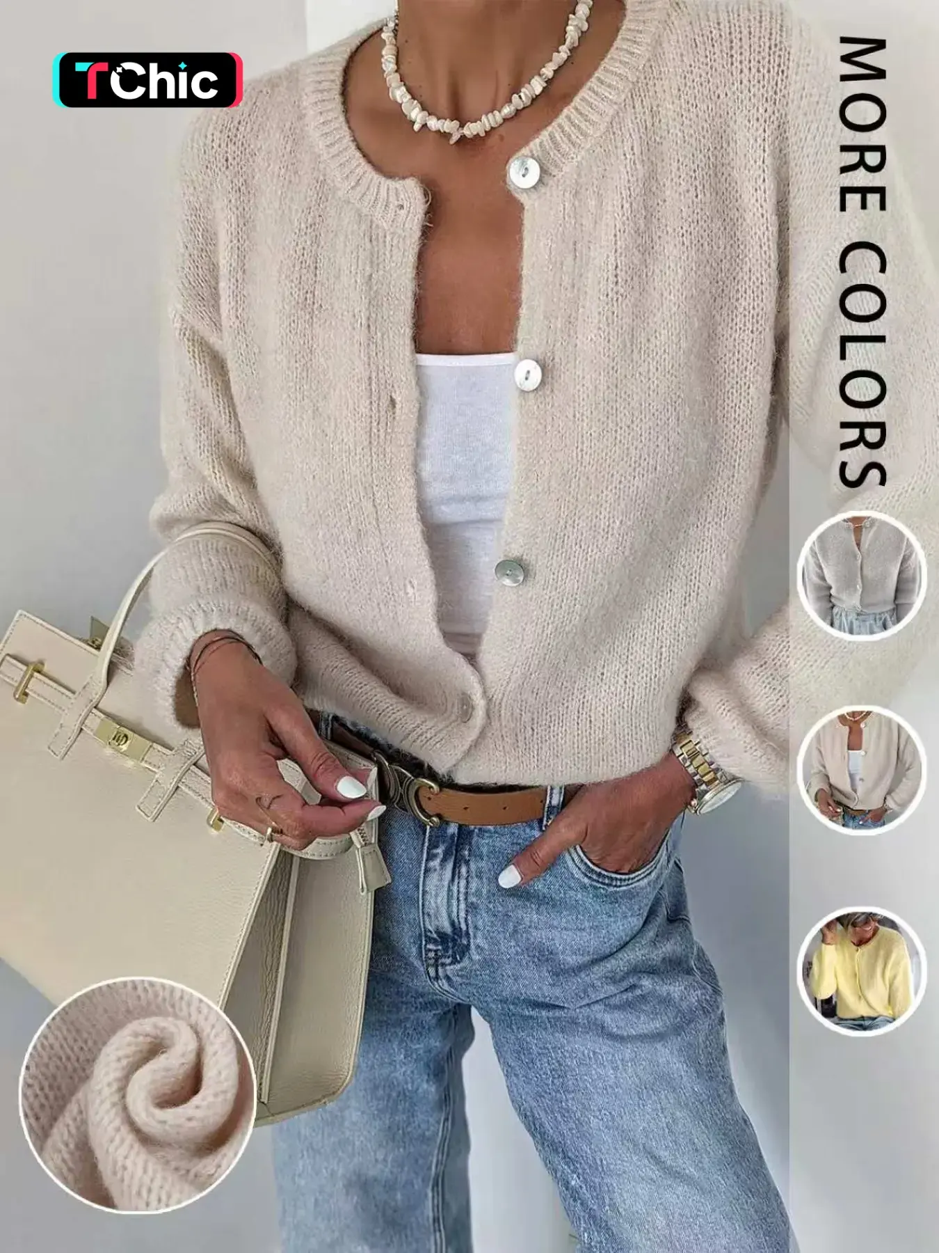 Women's Spring Summer Slim Fit Knit Sweater, Round Neck Button Front Long Sleeve Knitwear, Soft Comfortable Casual Outerwear