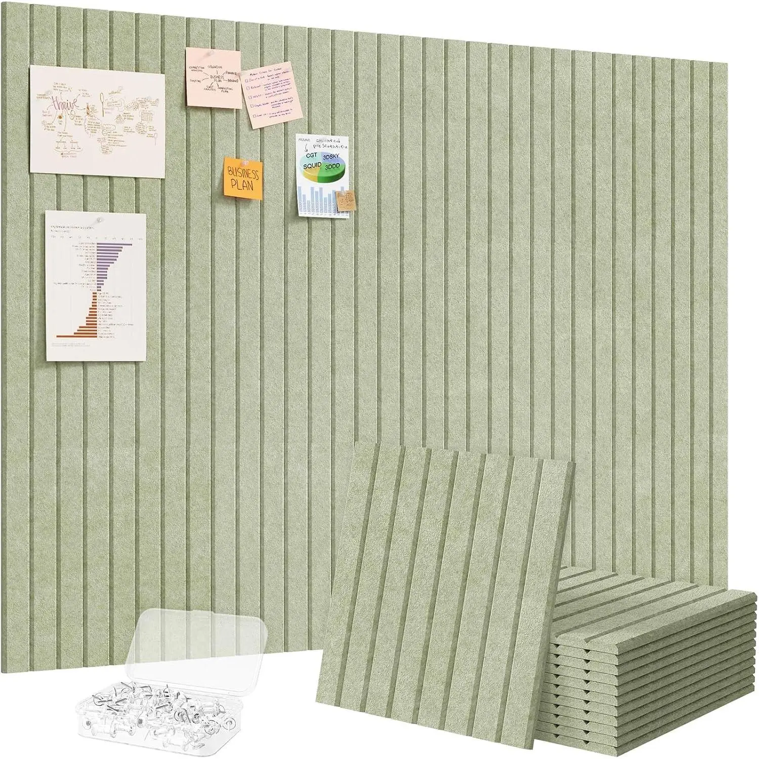 Large Felt Bulletin Board, 12 Pack Cork Board Alternative for Walls, 36"x 24" Total Size with Self-Adhesive, Message Board Pin Board with 50 Pushpins for Office Decor, Home, Classroom, Sage