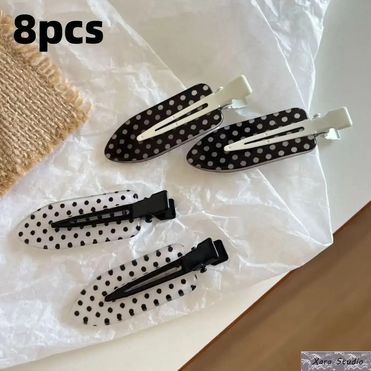 8PCS Acetate Seamless Hair Clips Set for Women, Trendy Black & White Polka Dot Acrylic Alligator Hairpins, Cute Bangs Side Hair Accessories, Minimalist Fashion Hair Styling Clips for Daily Wear, School, Office & Casual Looks