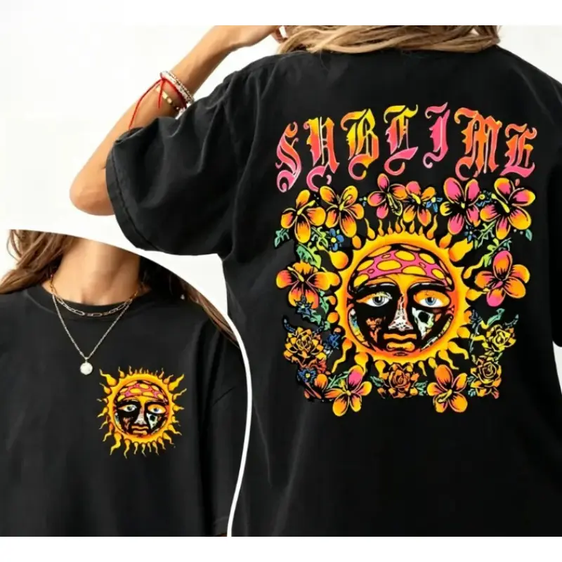 Menswear Vintage Washed Oversized Unisex Cotton Graphic Tee & Long Sleeve Sweatshirt - Comfy Natural Fabric, Classic Sublime Sun Band 80s Retro Boho Aesthetic, Loose-Fit Crewneck, Fashion Casual Streetwear (Great for Birthday Gifting), Print, Round Neck,,