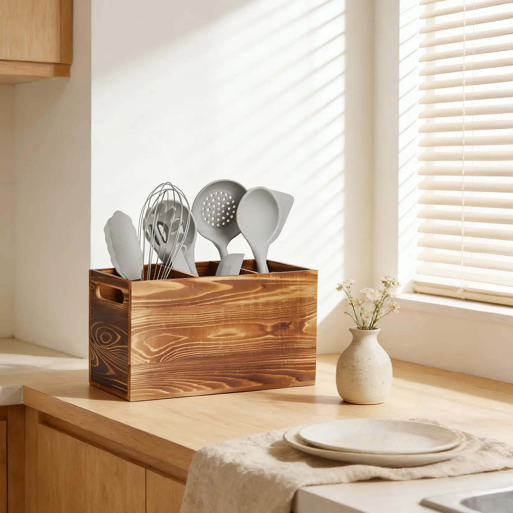 Sturdy Rustic Pine Wood 3-Compartment Utensil Holder Caddy - Farmhouse Kitchen Countertop Organizer with Handle, Organizes Tools for Cooking Spoons, Spatulas, Knives, Cutlery