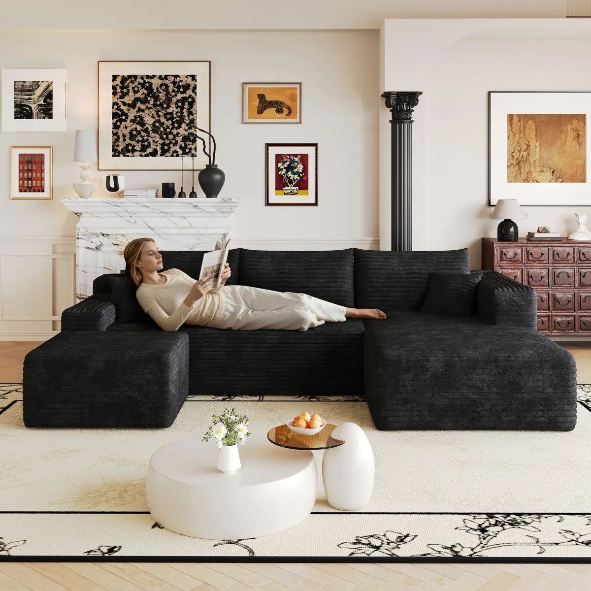103 Inch Cloud L Shaped Sectional Sofa, Modern Minimalist Plush Corduroy Upholstered Deep Seat Corner Couch, No Assembly Required Comfort Sofa, Stylish Furniture For Living Room Small Apartment Studio, Black Green Camel Dark Grey