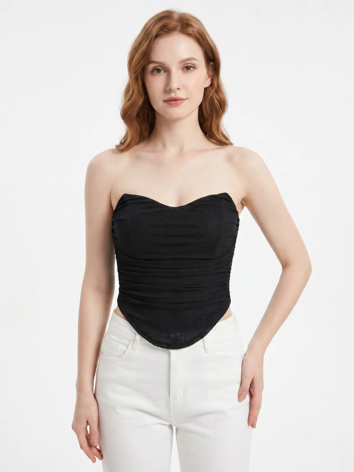 Sexy Black Ruched Corset Top - Strapless Boned Bustier with Lace Up Back - Handkerchief Hem Asymmetrical Baddie Style Crop Top for Night Out & Club
