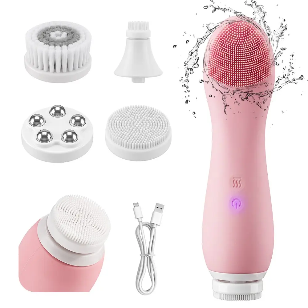 4-in-1 Facial Cleansing & Eye Massager – Heated Skincare Wand with 4 Brush Heads, Dual-Temp 45-55°C, Rechargeable Beauty Gift for Women