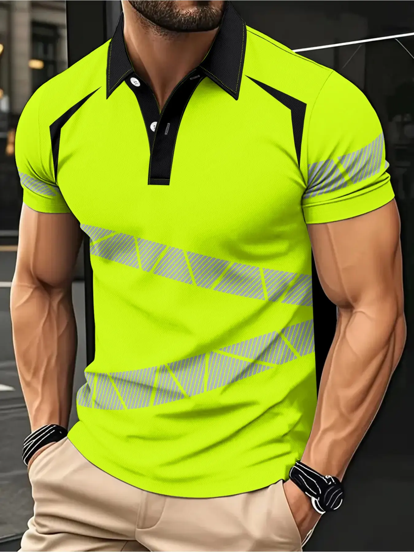 Men's casual summer 3D printed geometric contrast color plaid blended design short-sleeved Polo shirt, Casual Sporty Shirt, Breathable summer polos, breathable sweat-wicking casual golf shirt, buttoned top, suitable for summer business and daily wear