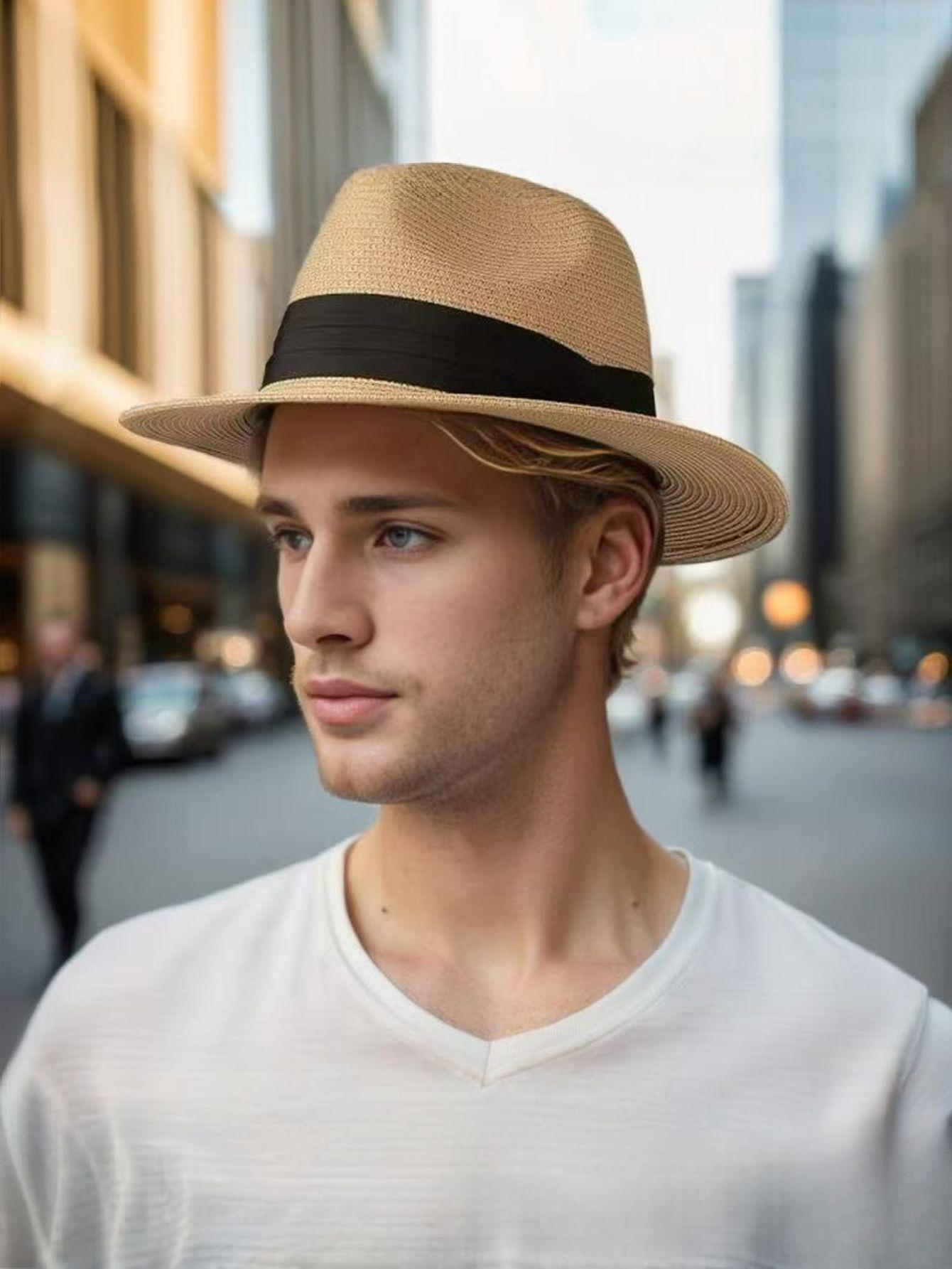 European American Style Straw Panama Hat Flat Brim Jazz Design Unisex Sun Protection Headwear For Summer Travel And Outdoor Activities