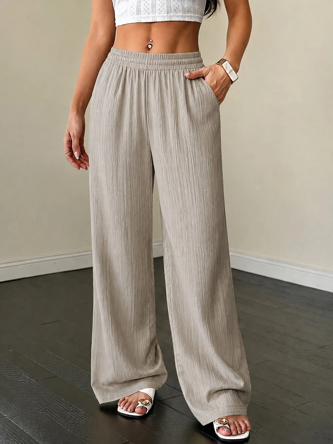 Women's Linen-Like 3D Texture Printed Sweatpants, Casual Loose-Fit Long Pants, Elastic Waist, All Seasons, Unisex Fashion Bottoms