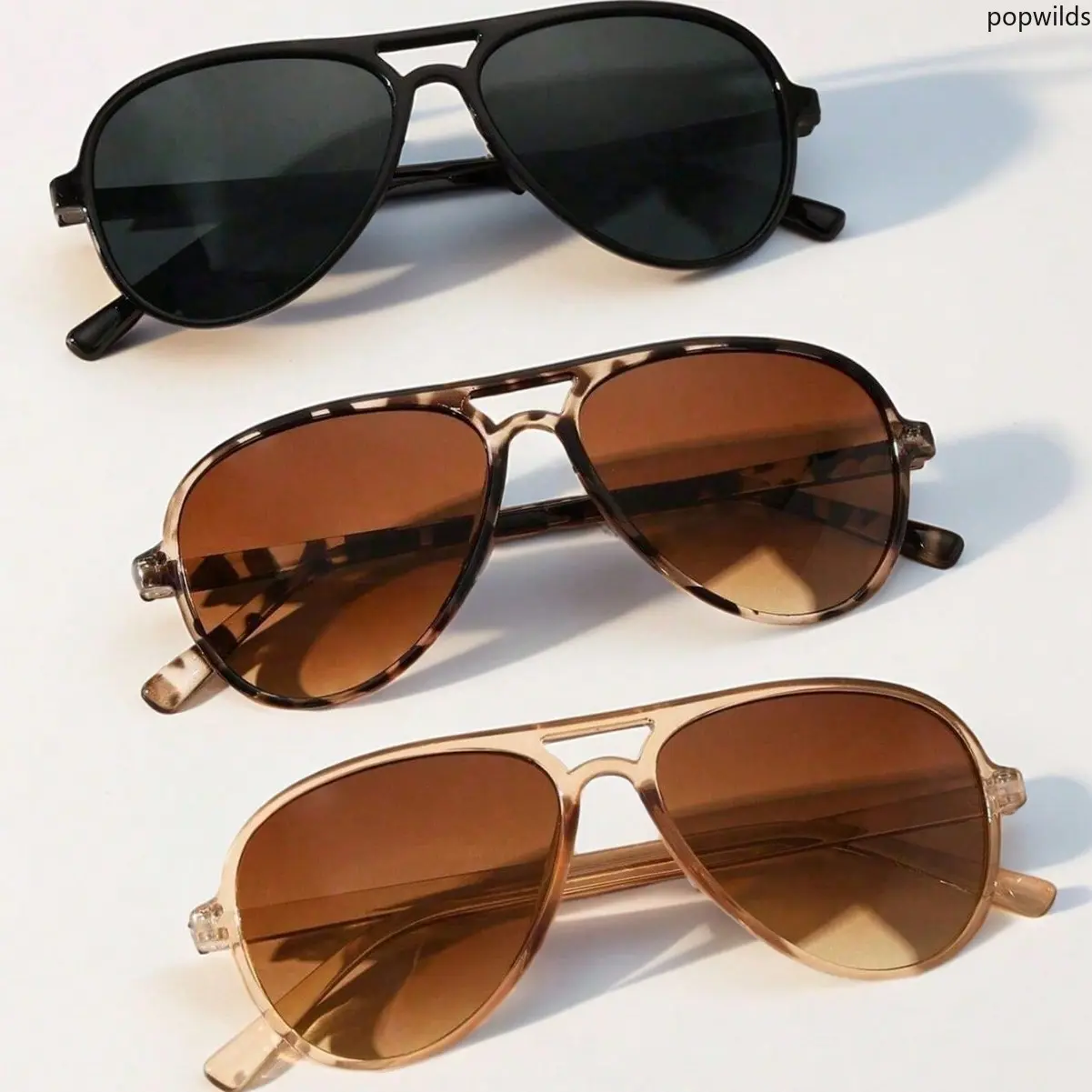 Female 3 Pcs Double Bridge Aviator Sunglasses, Vintage Fashion, UV Protection Pilot Shades, Premium Outdoor Wear Eyewear