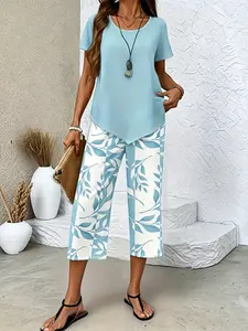 Women's Summer Casual Loose 2 Piece Clothes, Solid Irregular Hem Short Sleeve Top & Leaf Print Capri Pants, Vacation Daily Loungewear