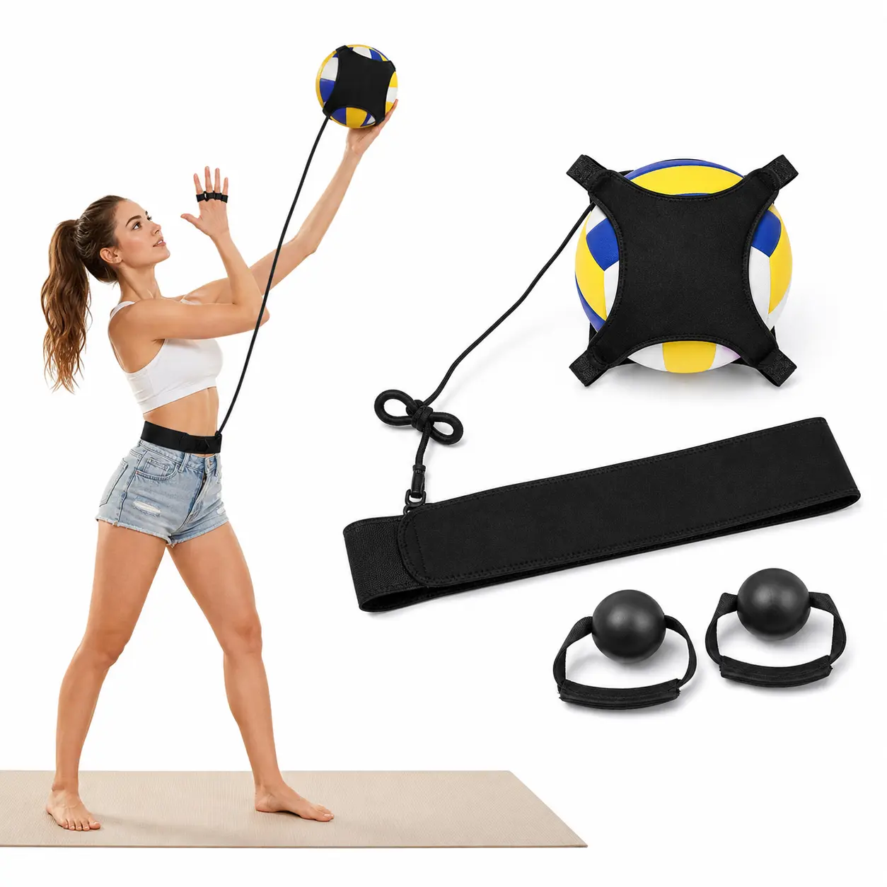 Volleyball Solo Trainer for Women & Girls, Sleek Black Spike & Serve Practice Kit with Adjustable Belt, Bungee Return Elastic Strap, Includes Hand Form Aid, One-Size-Fit-All