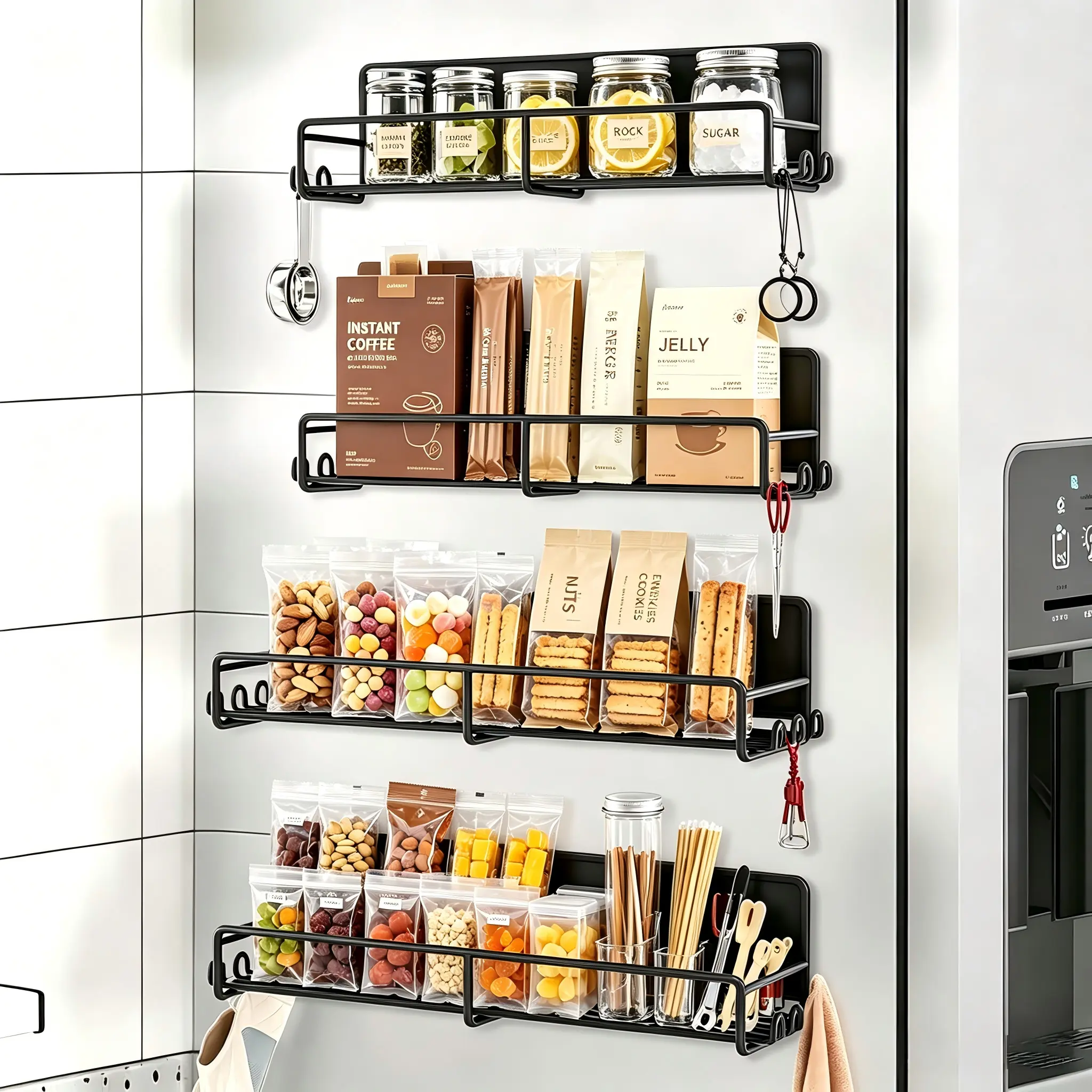 Magnetic Fridge Spice Rack Organizer with Hooks, Strong Magnetic Spice Shelf, No‑Drill Metal Storage Rack for Kitchen, Classroom & Multi‑Purpose Magnetic Surface Storage, Black