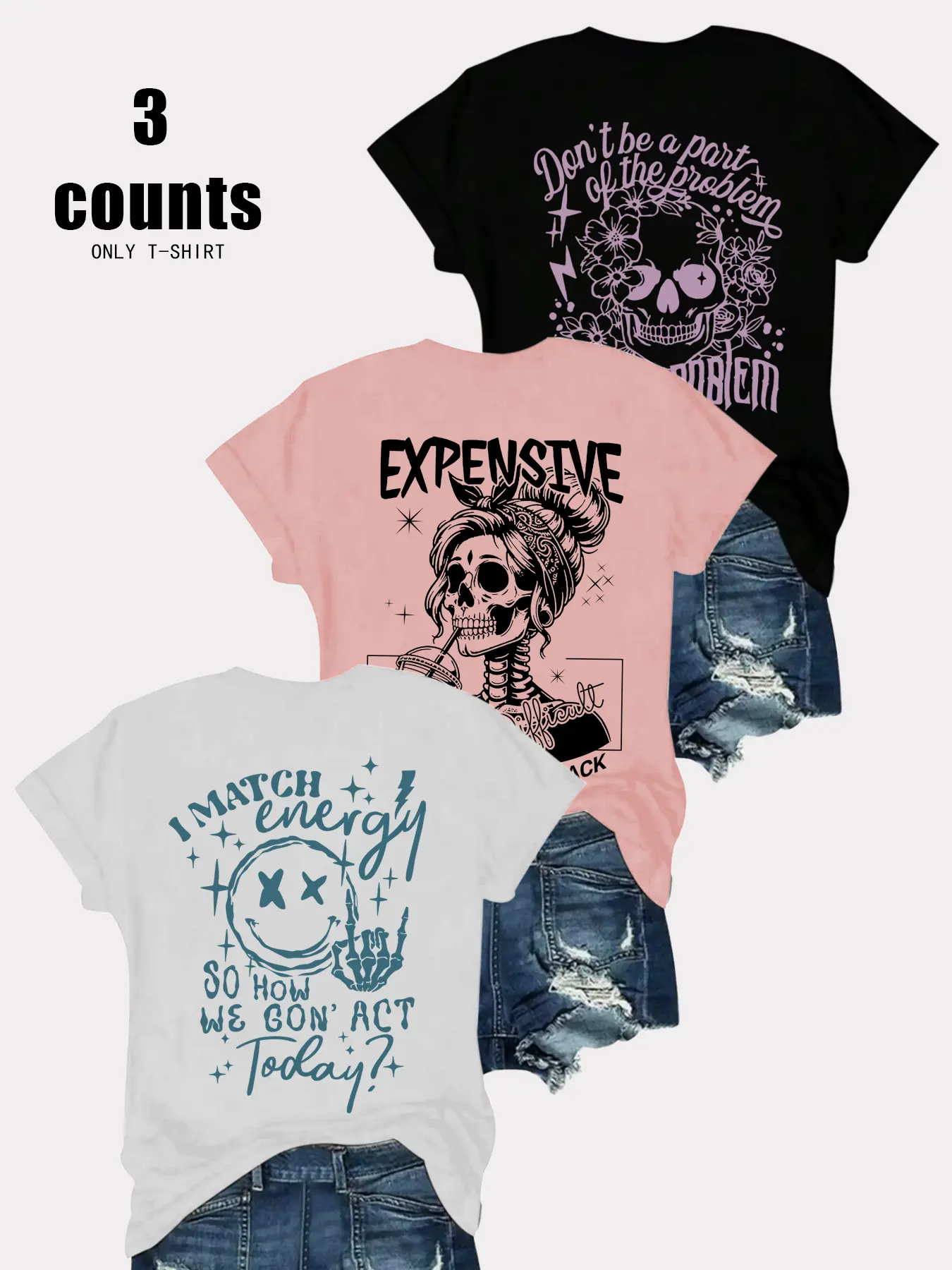 Breathable Casual Streetwear T-Shirt, Loose Fit Round Neck Design, Skull Smiley Print, Daily Wear, Fashion Comfort Versatile Top, 3 Pack
