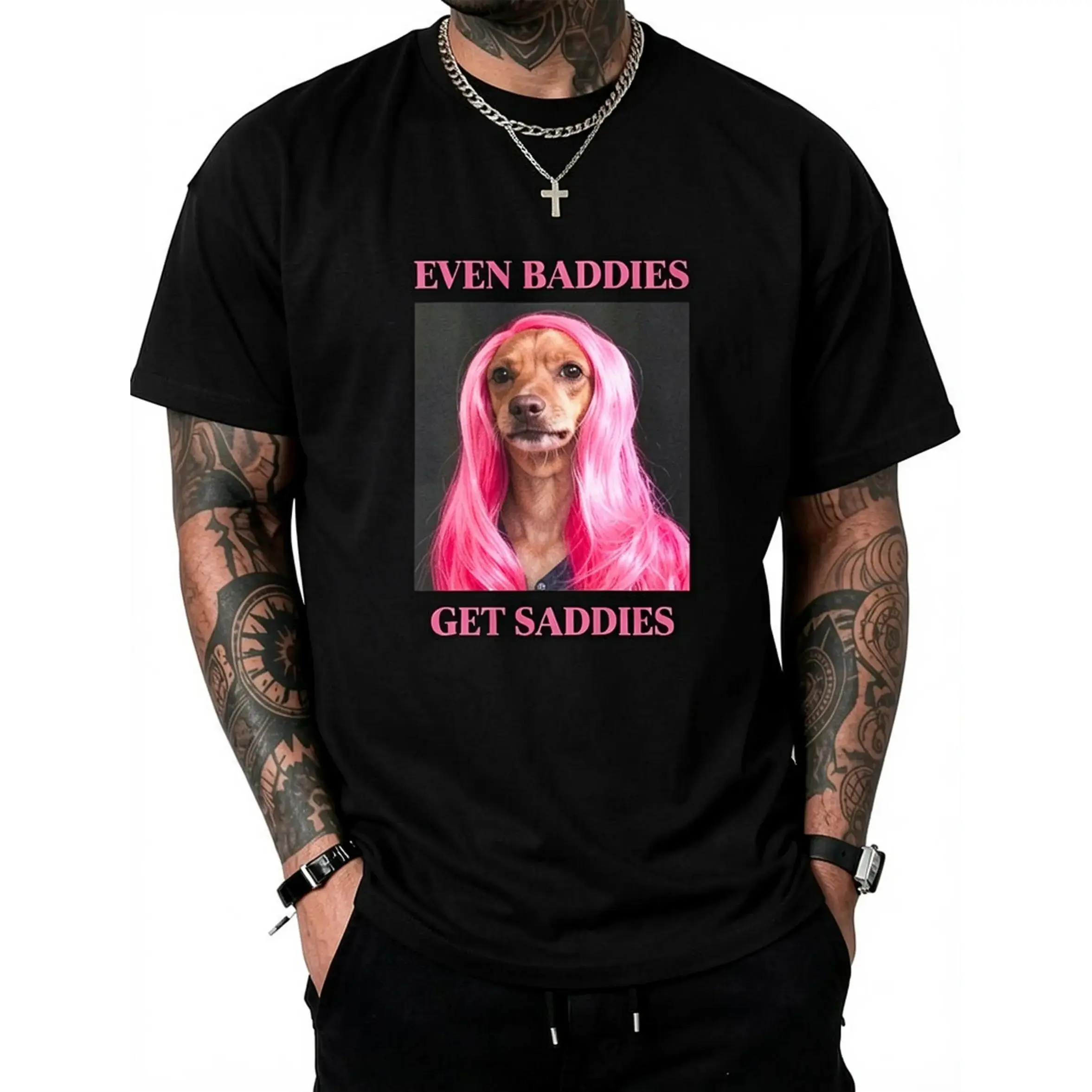 Unisex Short Sleeve Round Neck Mental Health Awareness Graphic T-Shirt - "Even Bad Guys Feel Sad" Dog Design, Dyed Top for Anxiety Support, Humorous Casual Sportswear, Shortsleeve