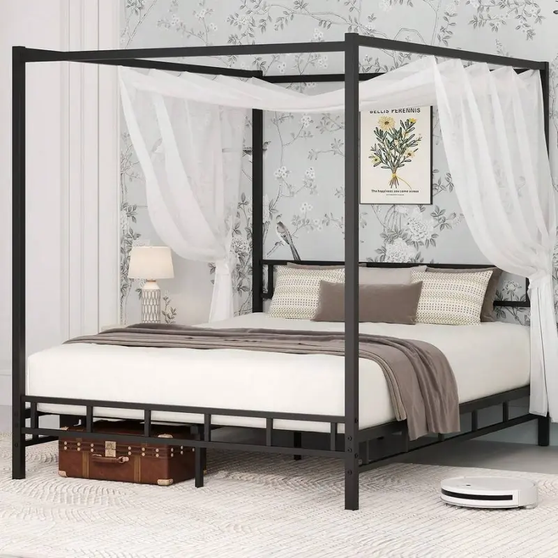 Black Canopy Bed Frame - Full Size, Durable Metal Slats Mattress Support Foundation, No Box Spring Needed, Easy Assembly Required, Bedroom Furniture Design, Dream Room Indoor Bed with Canopy
