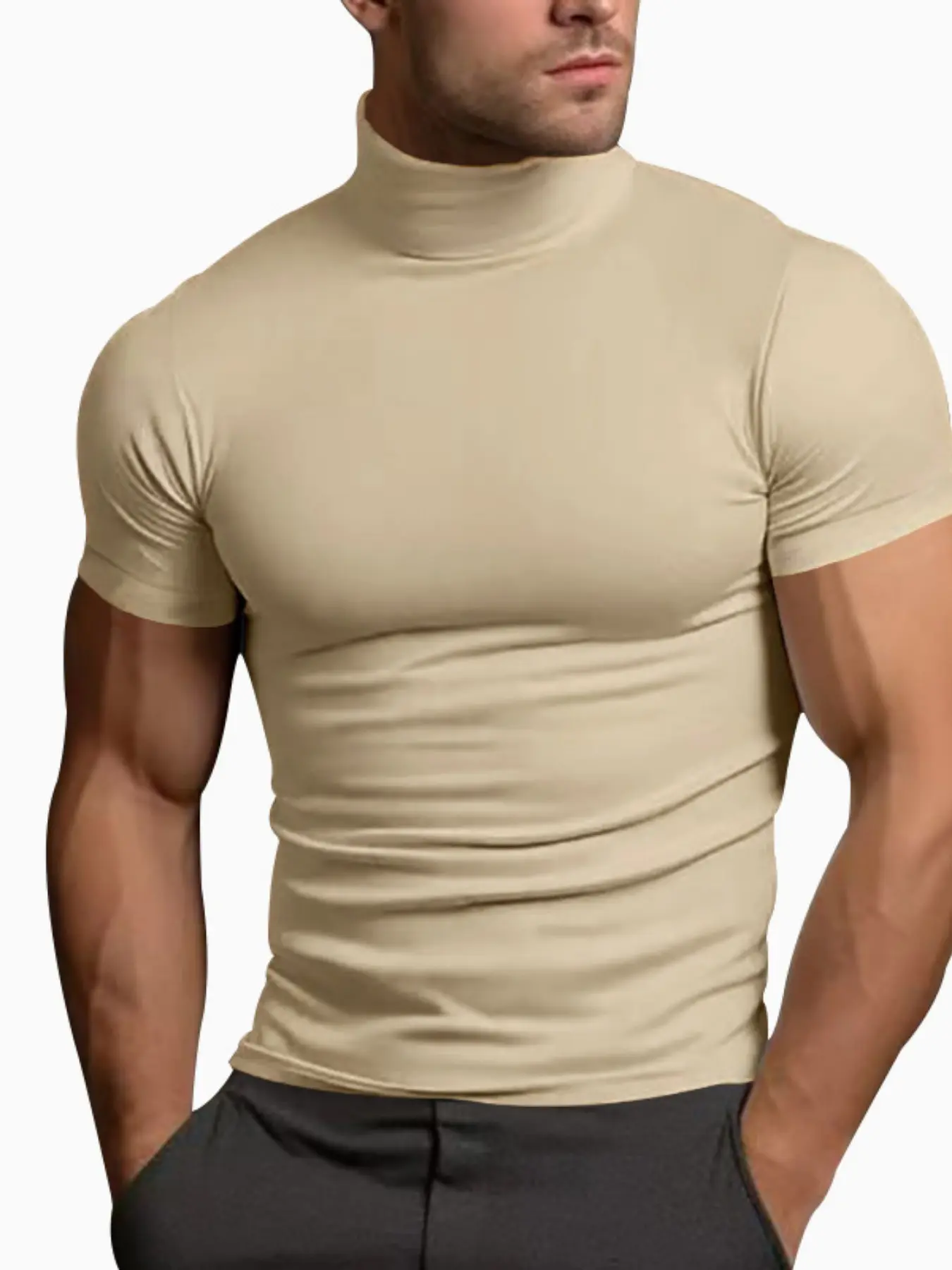 Early Autumn Lightweight Business Shaping Muscle-Defining Half High Neck Short Sleeve Top, Soft Stretch Fitted Crew Neck Men's Commute Layering Solid Color Basic Tight Fit T-Shirt