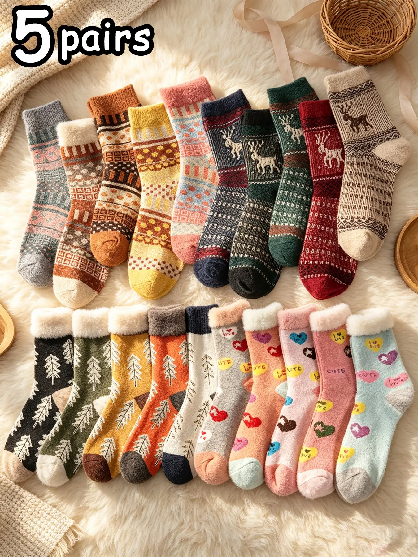 Random 5 Pairs Multi-Color Retro Warm Crew Socks, Tree Heart Stripe Reindeer Patterns, Cozy Fall Winter Wear, Fitted Casual Style
