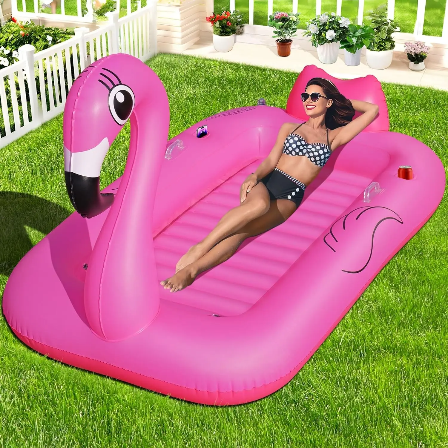 Flamingo Inflatable Tanning Pool Lounger Float, Large Pink Sunbathing Pool Floats Adult with Cup & Phone Holders, Suntan Tub Inflatable Tanning Pool for Backyard, Blow Up Tanning Bed FloatGift.