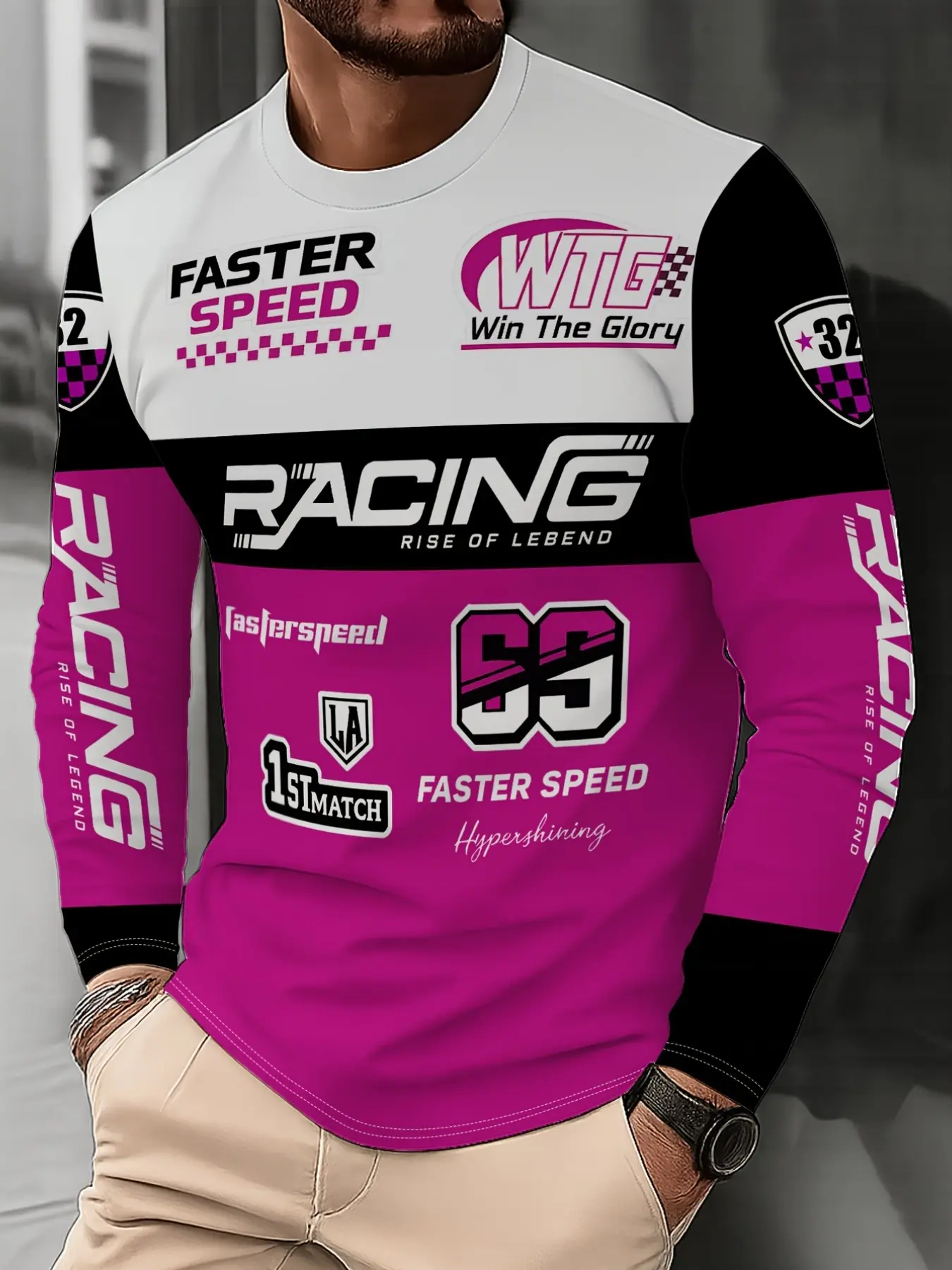 Men's Racing Long Sleeve Shirt, Motorcycle Sport 66 Number Print, Quick-Dry Motorbike Top, Outdoor Casual T-Shirt