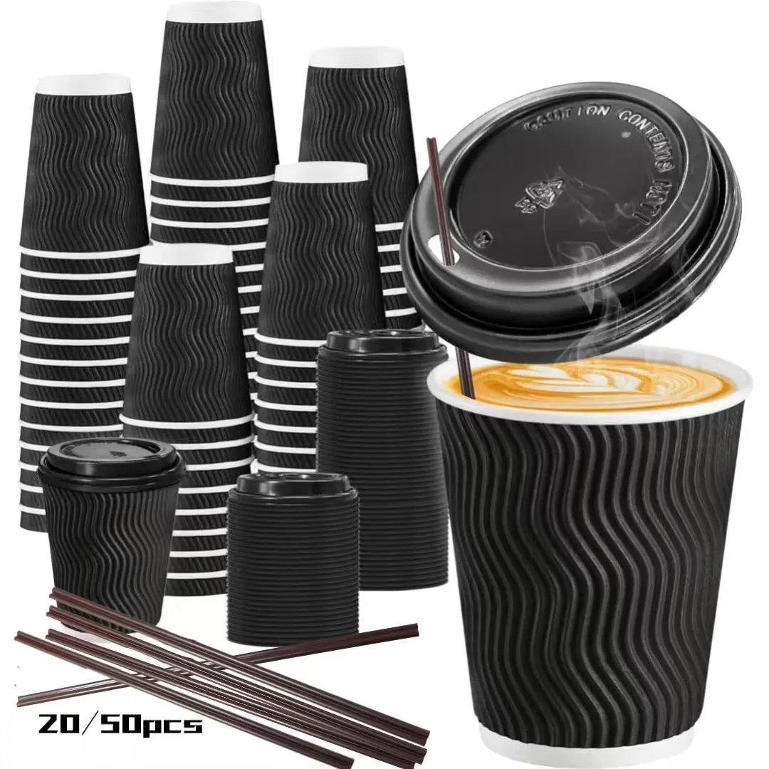 20/50 Pack 12oz Coffee Cups with Lids, Disposable Insulated Paper Cups, Ripple Wall, Suitable for Hot Drinks, Office, Coffee Bar, To Go Cups