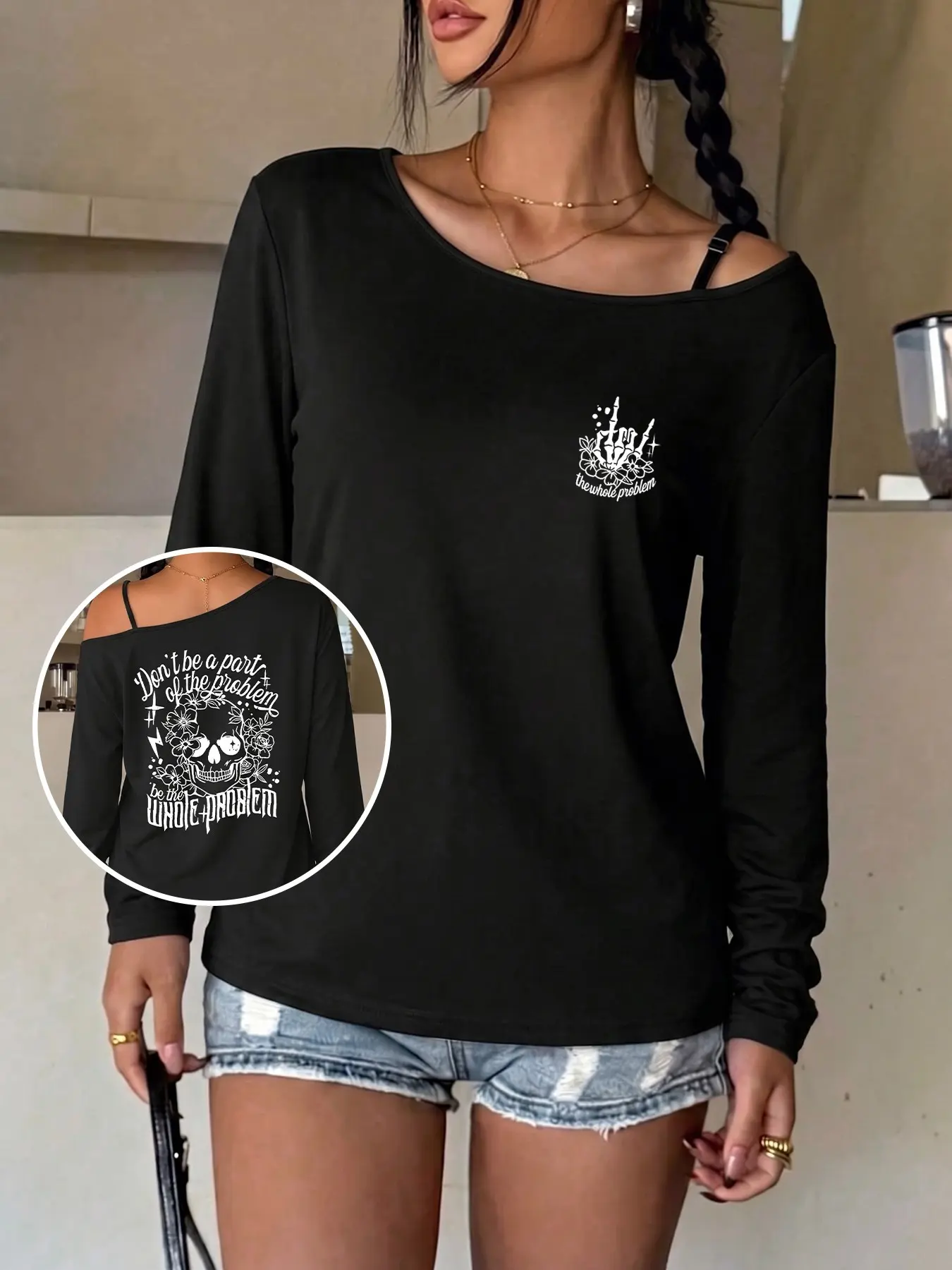Black Soft Stretch Knit Long Sleeve Shirt, Asymmetrical Slant Off Shoulder Neckline, Front Mini Skeleton Hand Floral Print, Back Large Skull Flower Lightning And Funny Letter Graphic, Gothic Punk Casual Women Top, Halloween Daily Outfit, Streetwear