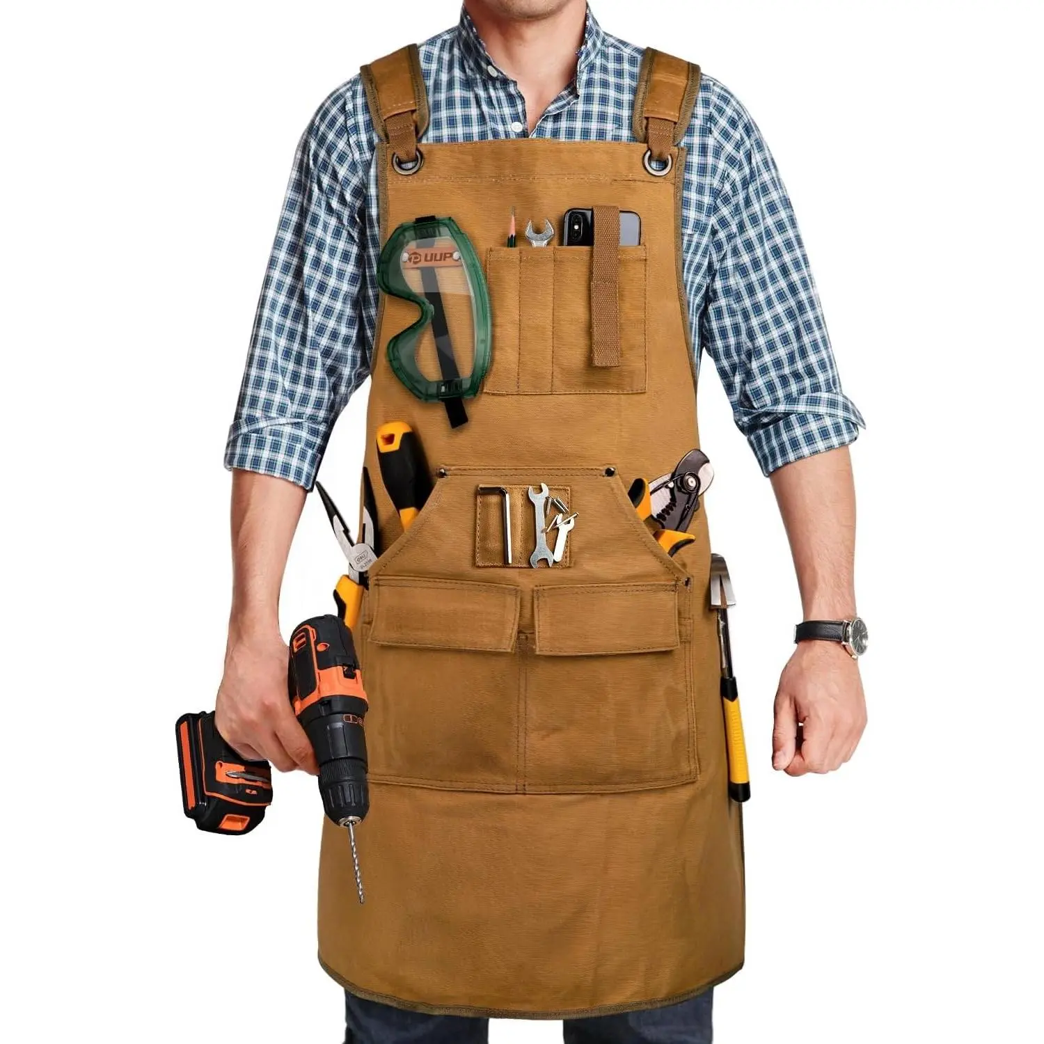 Woodworking Apron for Men, 20 oz Canvas Work Apron with 9 Tool Pockets, Heavy Duty Woodworking Workshop Bib Apron, Adjustable S-3XL, Khaki