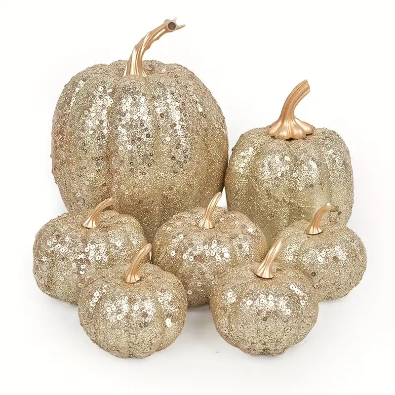 7-Piece Shiny Champagne Color Artificial Pumpkins, Indoor Thanksgiving Decor, Fireplace and Table Centerpiece, Fall Home Decoration, Halloween Christmas