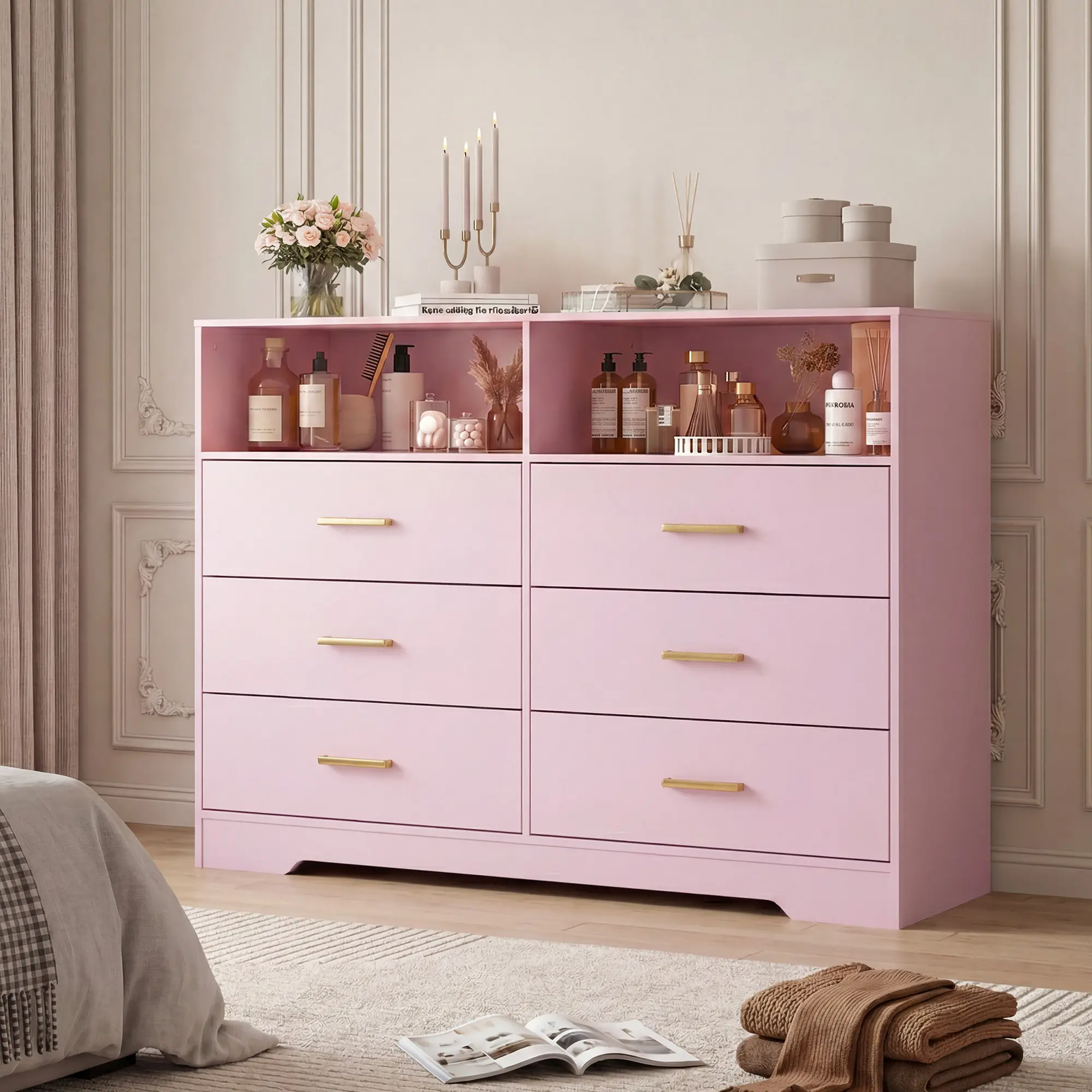 6 Drawer Wooden Dressers with Charging Station & Open Shelf, 47" Wide Pink/White/Black Dresser, Wood Chest of Drawers with Deep Drawers, Modern TV Stand Storage Organizer for Bedroom, Living Room, Dorm(2 Boxes)