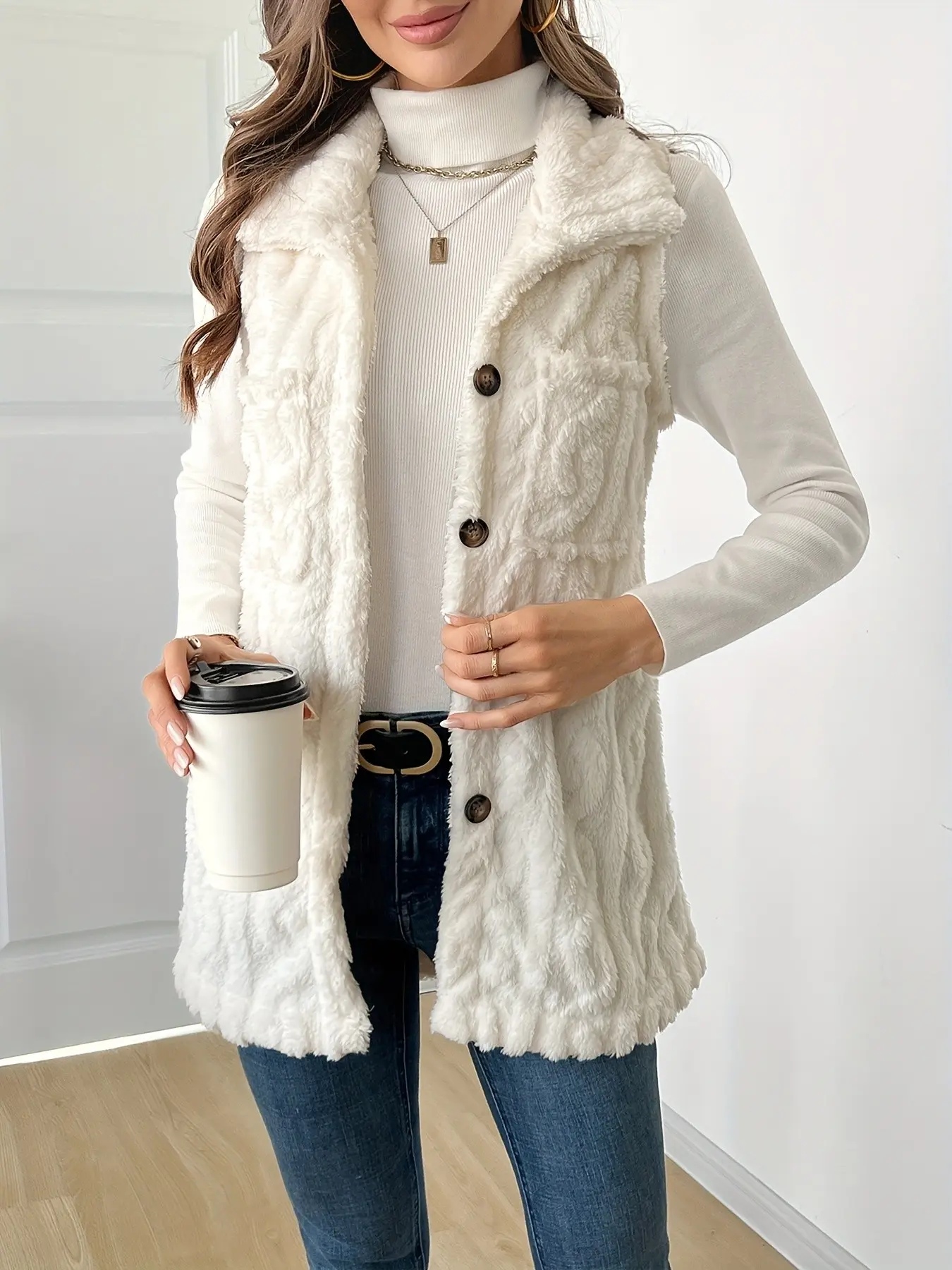 Women's Teddy Fleece Winter Vest with Two Pockets, Solid, Cozy and Warm Outerwear for Cold Weather, Perfect for Daily Wear and Layering