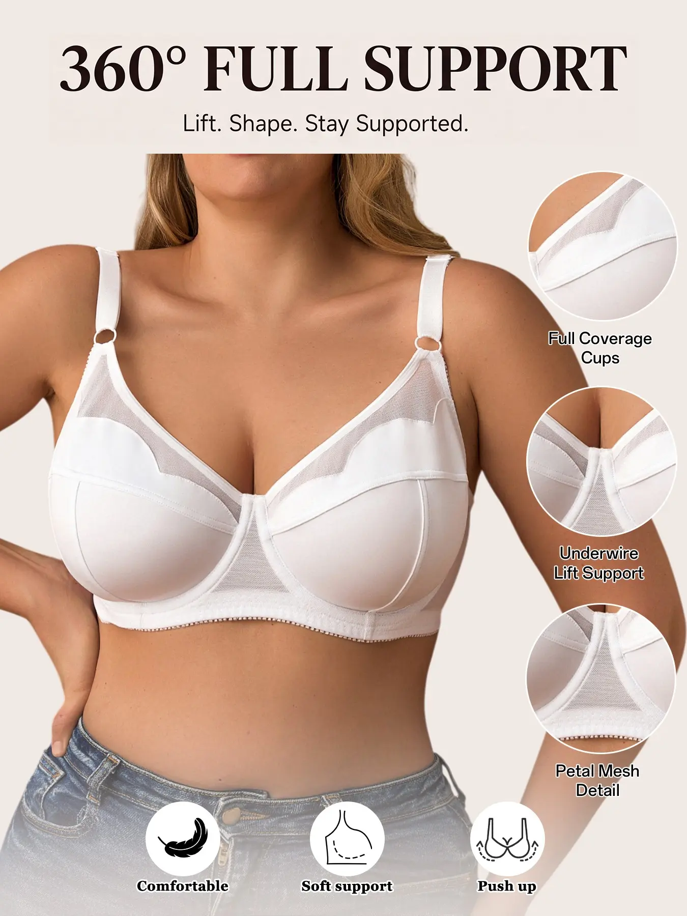 Women's Plus Size Wire Bra, Full Coverage Mesh Petal Edge Design, Comfortable Everyday Wear, Medium Support, Elegant Style, All Seasons