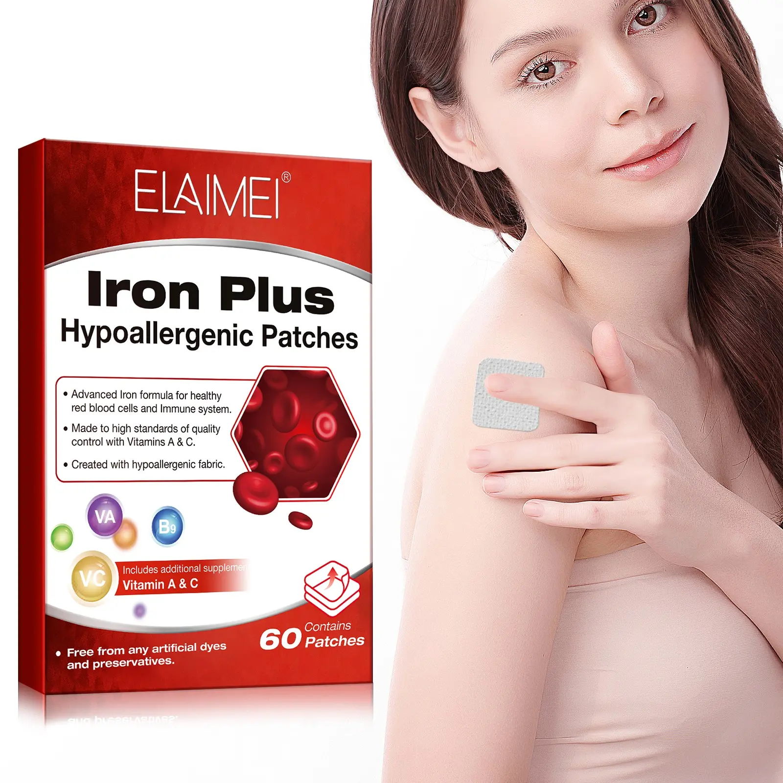 ELAIMEI Iron Supplement Hypoallergenic Patches (60 patches): Improve blood circulation, say goodbye to a sallow complexion, and enjoy a portable, Convenient iron vitamin supplement. Perfect for daily use on the go, easy to carry
